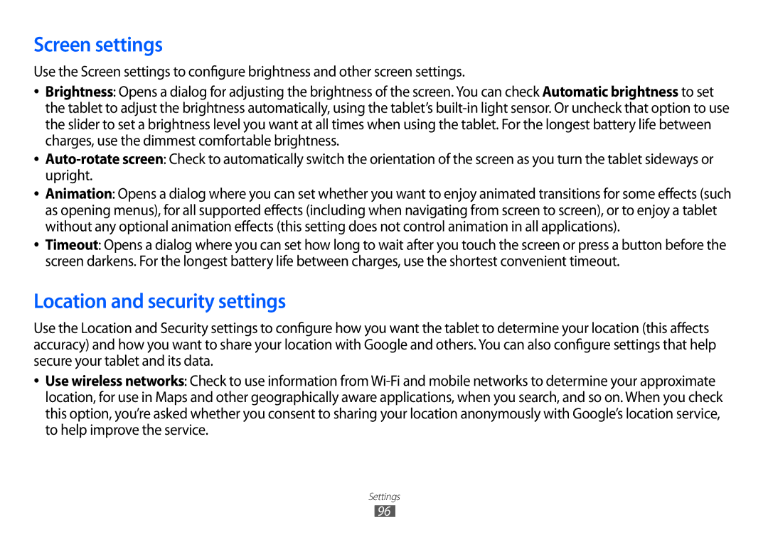 Samsung GT-P7100 user manual Screen settings, Location and security settings 