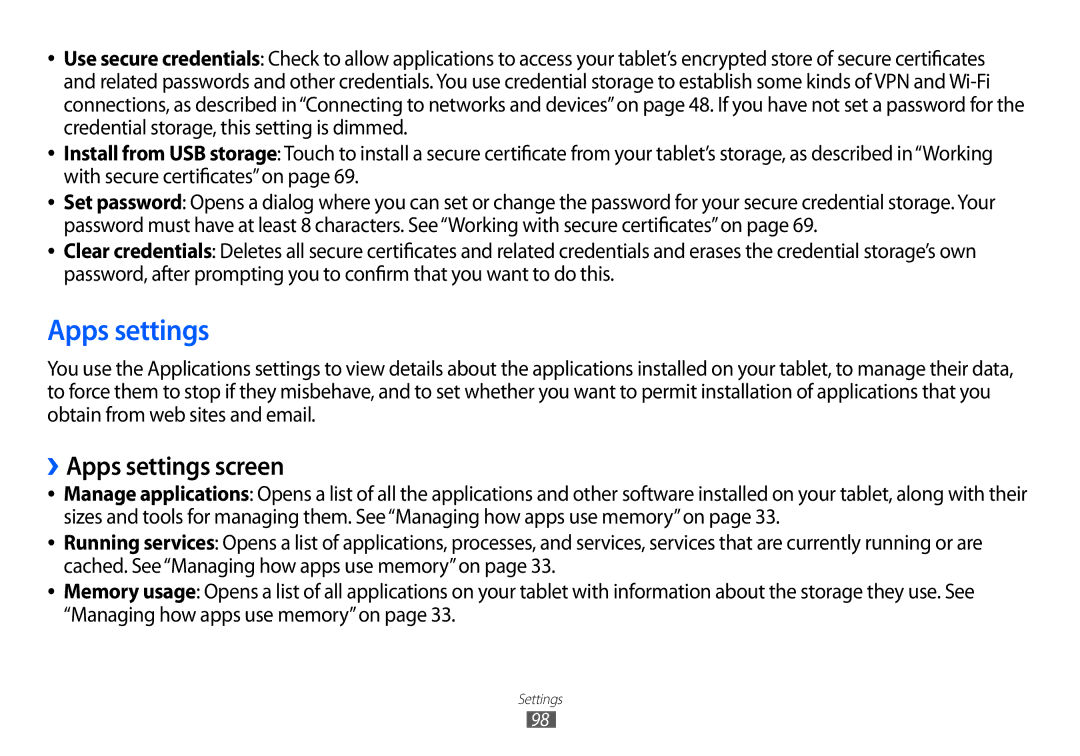 Samsung GT-P7100 user manual ››Apps settings screen 