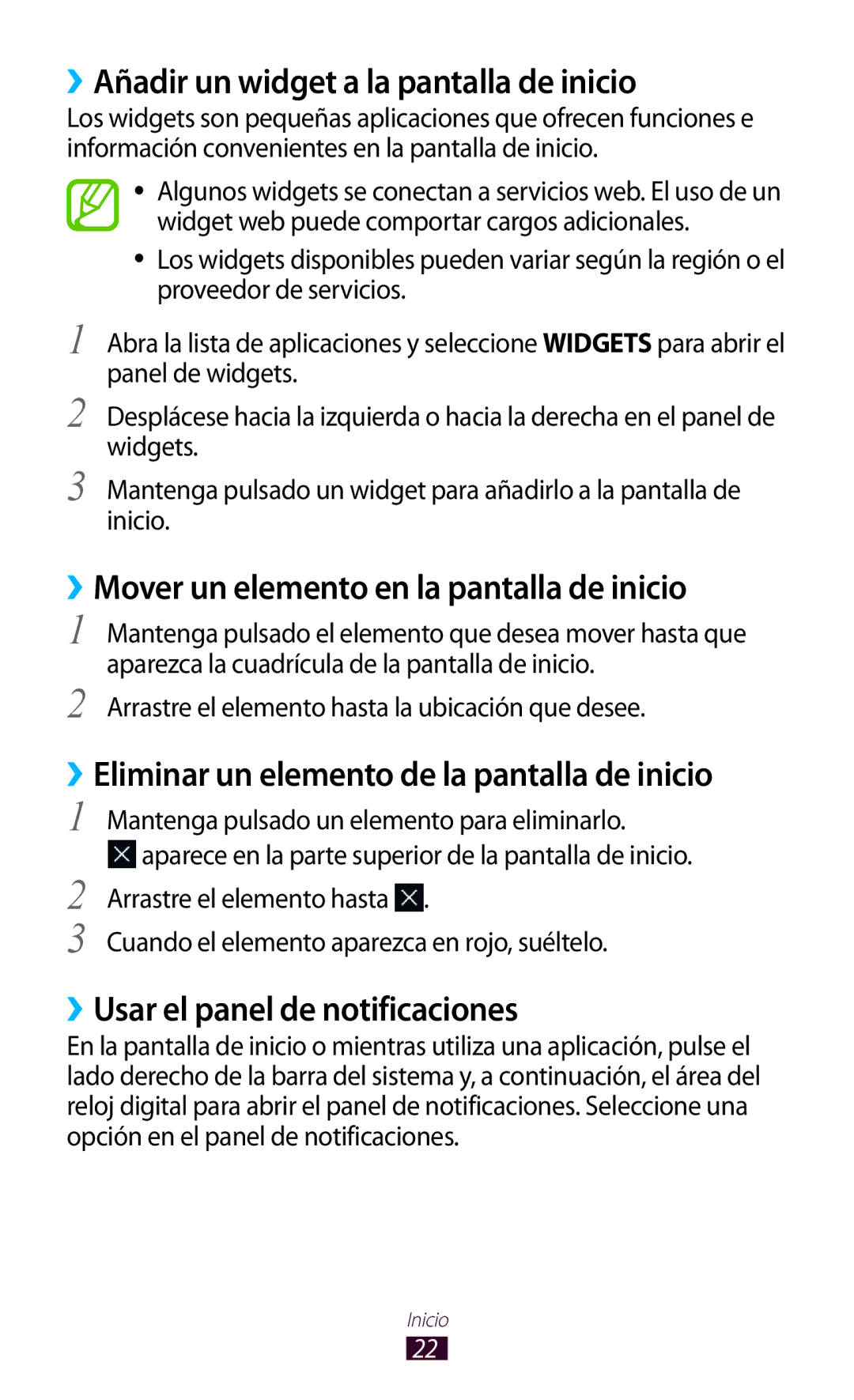 Samsung GT-P7100MSAFOP manual ››Añadir un widget a la pantalla de inicio, ››Mover un elemento en la pantalla de inicio 