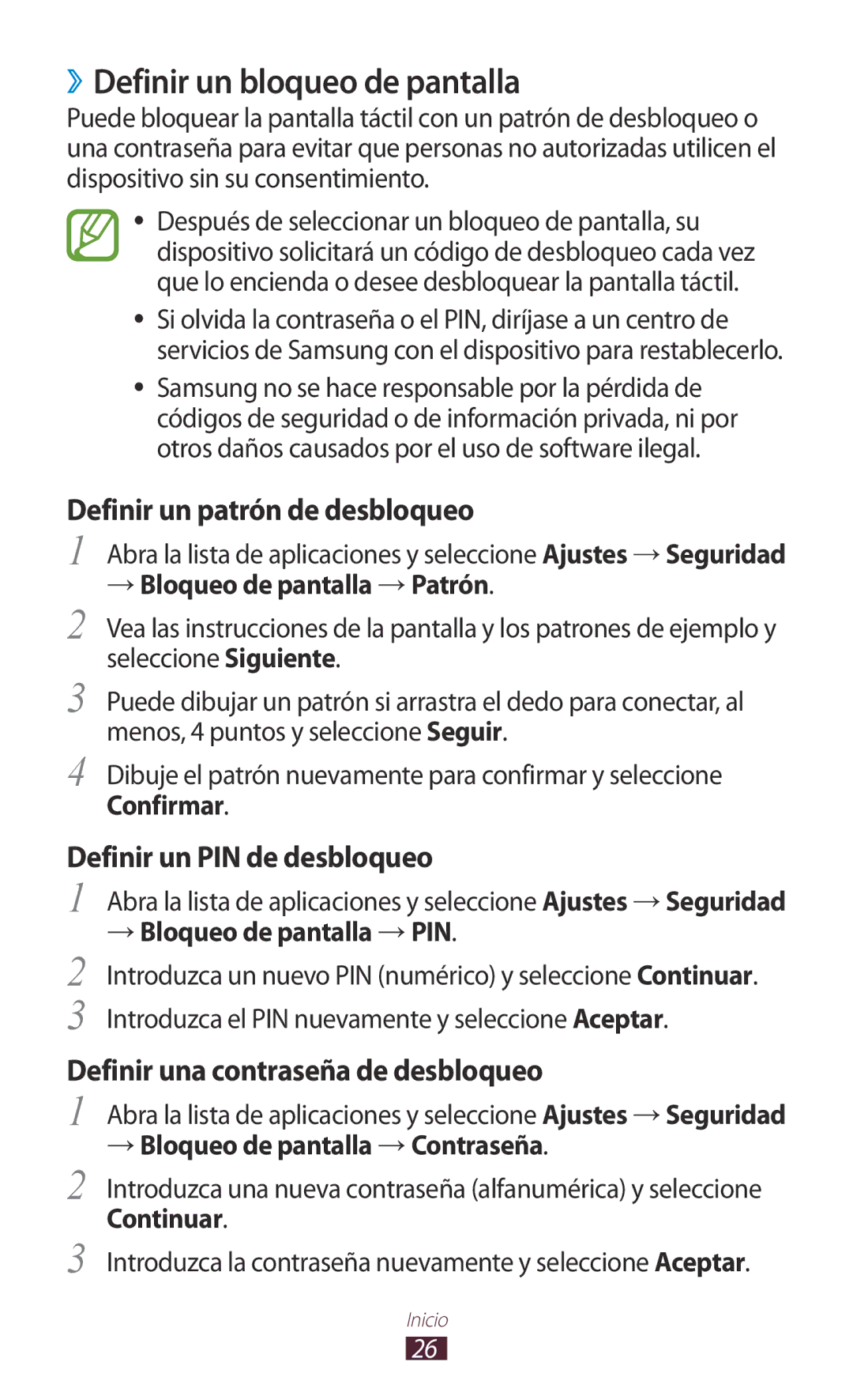 Samsung GT-P7100MSATCL, GT-P7100MSAATL manual ››Definir un bloqueo de pantalla, → Bloqueo de pantalla → Patrón, Confirmar 