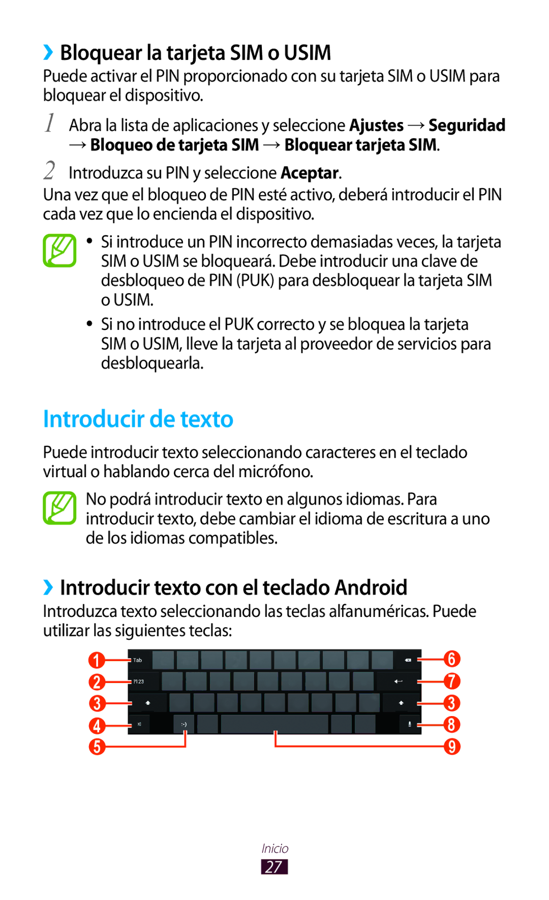 Samsung GT-P7100MSAATL Introducir de texto, ››Bloquear la tarjeta SIM o Usim, ››Introducir texto con el teclado Android 