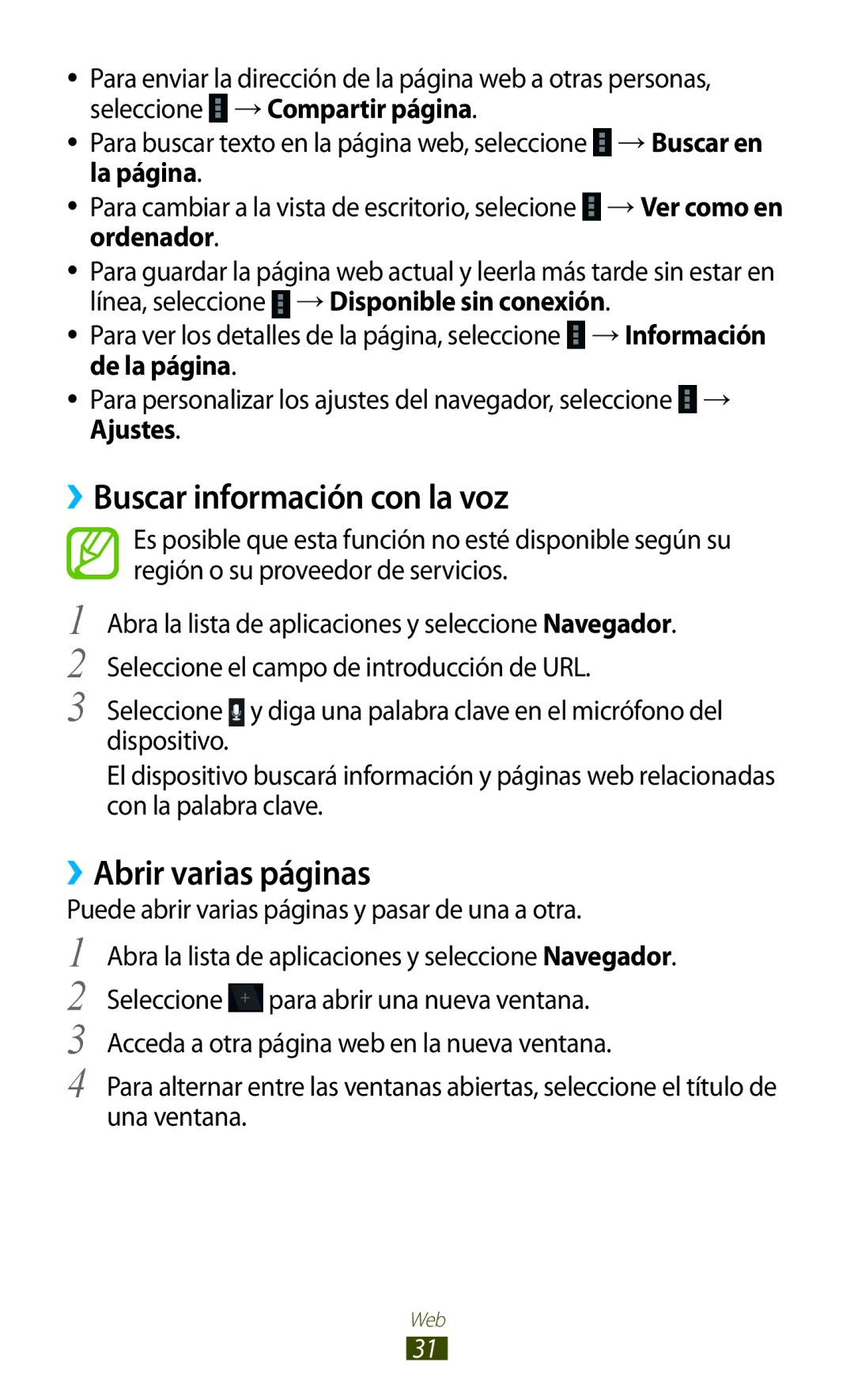 Samsung GT-P7100MSAFOP, GT-P7100MSAATL, GT-P7100MSATCL manual ››Buscar información con la voz, ››Abrir varias páginas 