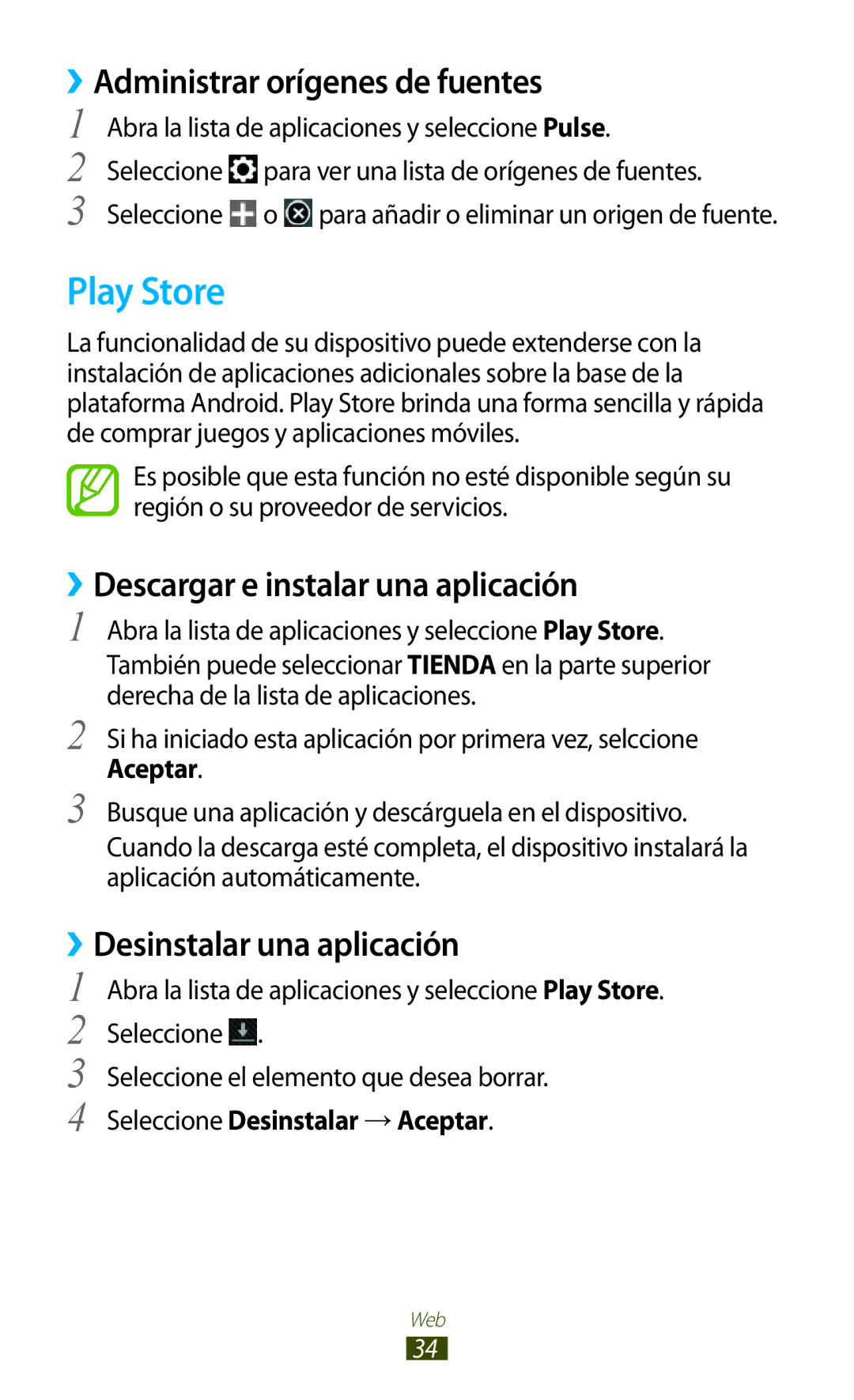 Samsung GT-P7100MSAFOP manual Play Store, ››Administrar orígenes de fuentes, ››Descargar e instalar una aplicación 