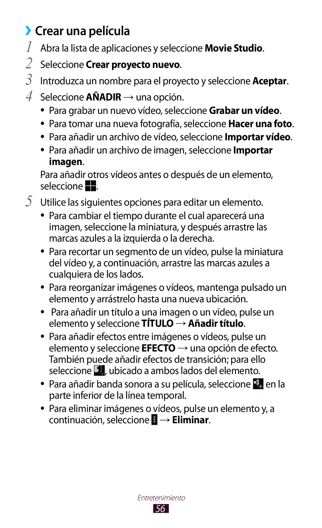 Samsung GT-P7100MSATCL, GT-P7100MSAATL manual ››Crear una película, Abra la lista de aplicaciones y seleccione Movie Studio 