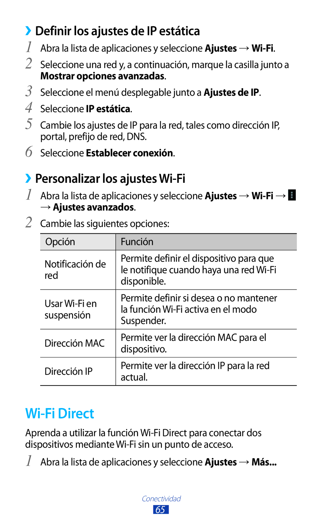 Samsung GT-P7100MSATCL manual Wi-Fi Direct, ››Definir los ajustes de IP estática, ››Personalizar los ajustes Wi-Fi 