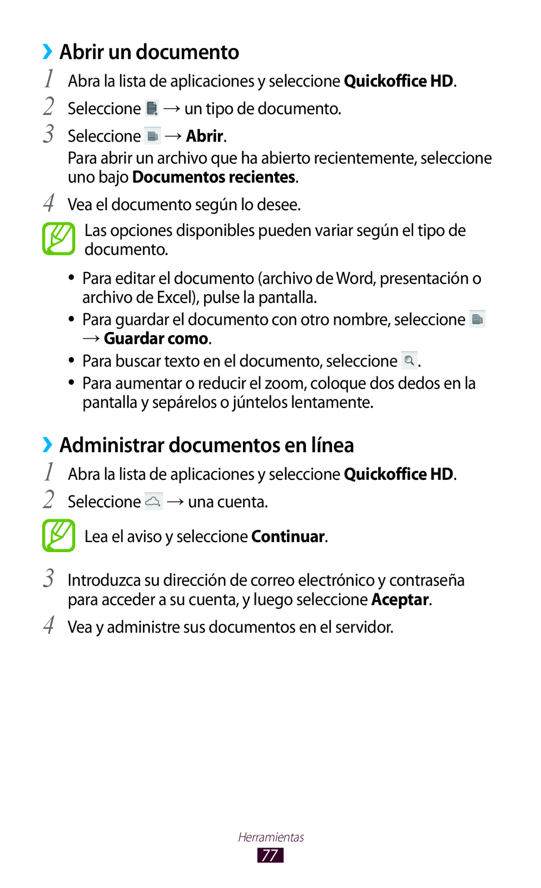 Samsung GT-P7100MSATCL manual Abrir un documento, ››Administrar documentos en línea, Uno bajo Documentos recientes 