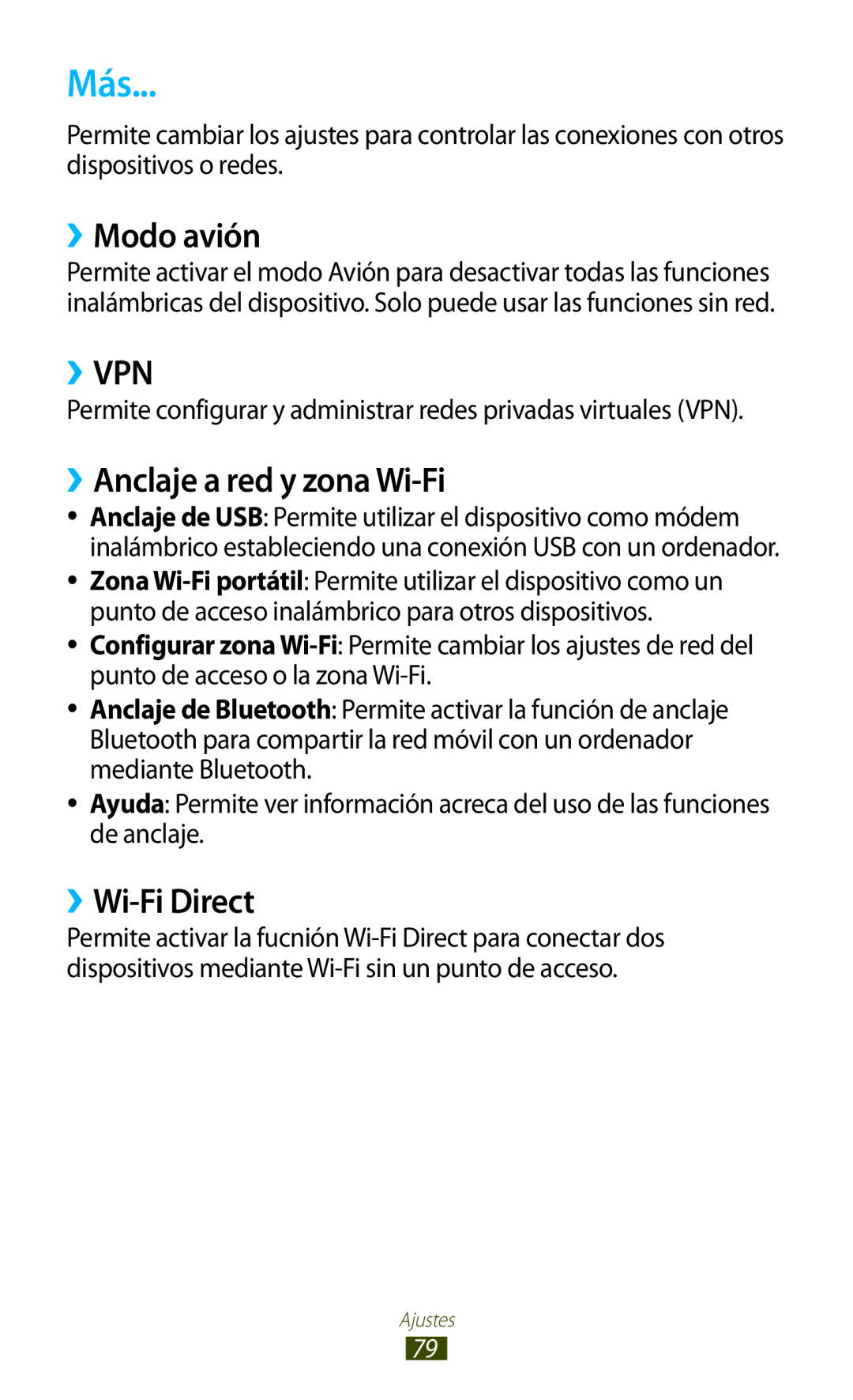 Samsung GT-P7100MSAFOP, GT-P7100MSAATL, GT-P7100MSATCL manual Más, ››Modo avión, ››Anclaje a red y zona Wi-Fi, ››Wi-Fi Direct 