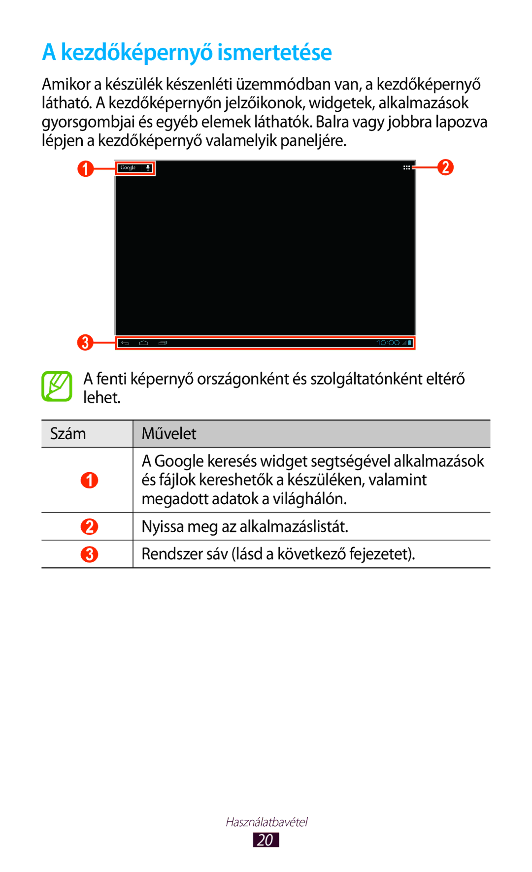 Samsung GT-P7100MSAMTL, GT-P7100MSAVGR, GT-P7100MSACNX, GT-P7100MSAOMN, GT-P7100MSAVDH manual Kezdőképernyő ismertetése 