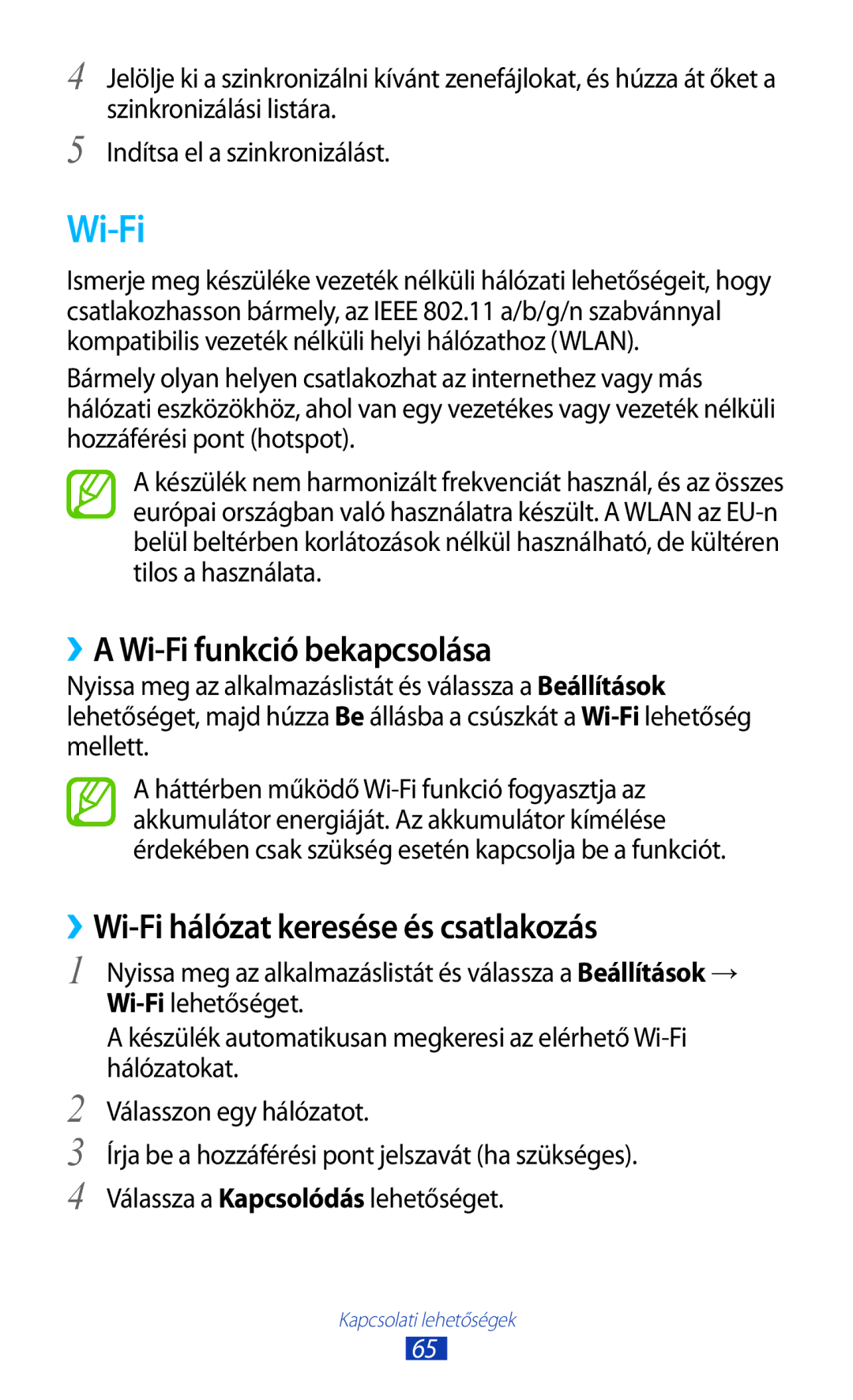 Samsung GT-P7100MSAMTL, GT-P7100MSAVGR manual ››A Wi-Fi funkció bekapcsolása, ››Wi-Fi hálózat keresése és csatlakozás 