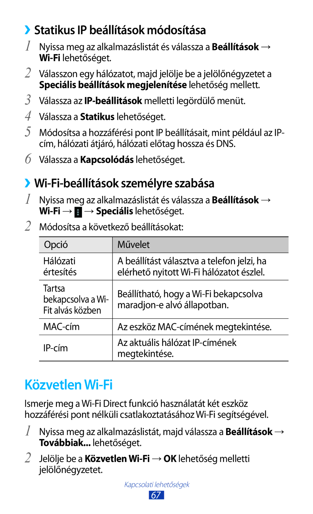 Samsung GT-P7100MSACNX manual Közvetlen Wi-Fi, ››Statikus IP beállítások módosítása, ››Wi-Fi-beállítások személyre szabása 