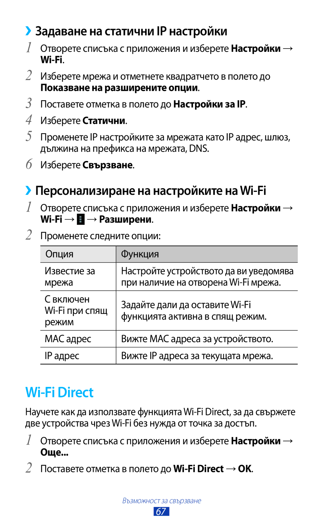 Samsung GT-P7100MSAMTL Wi-Fi Direct, ››Задаване на статични IP настройки, ››Персонализиране на настройките на Wi-Fi, Още 