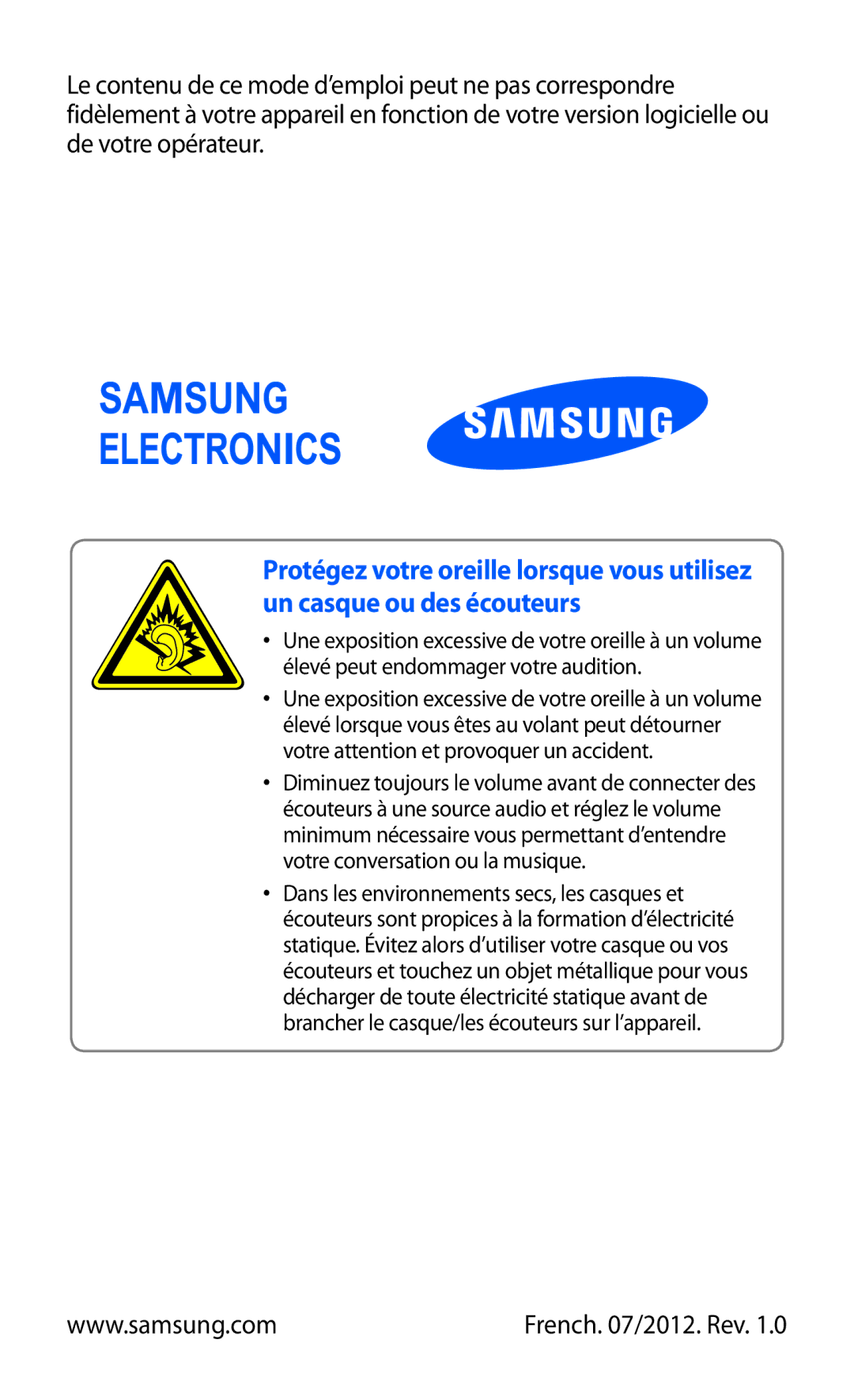 Samsung GT-P7100MSAMTL manual French /2012. Rev 