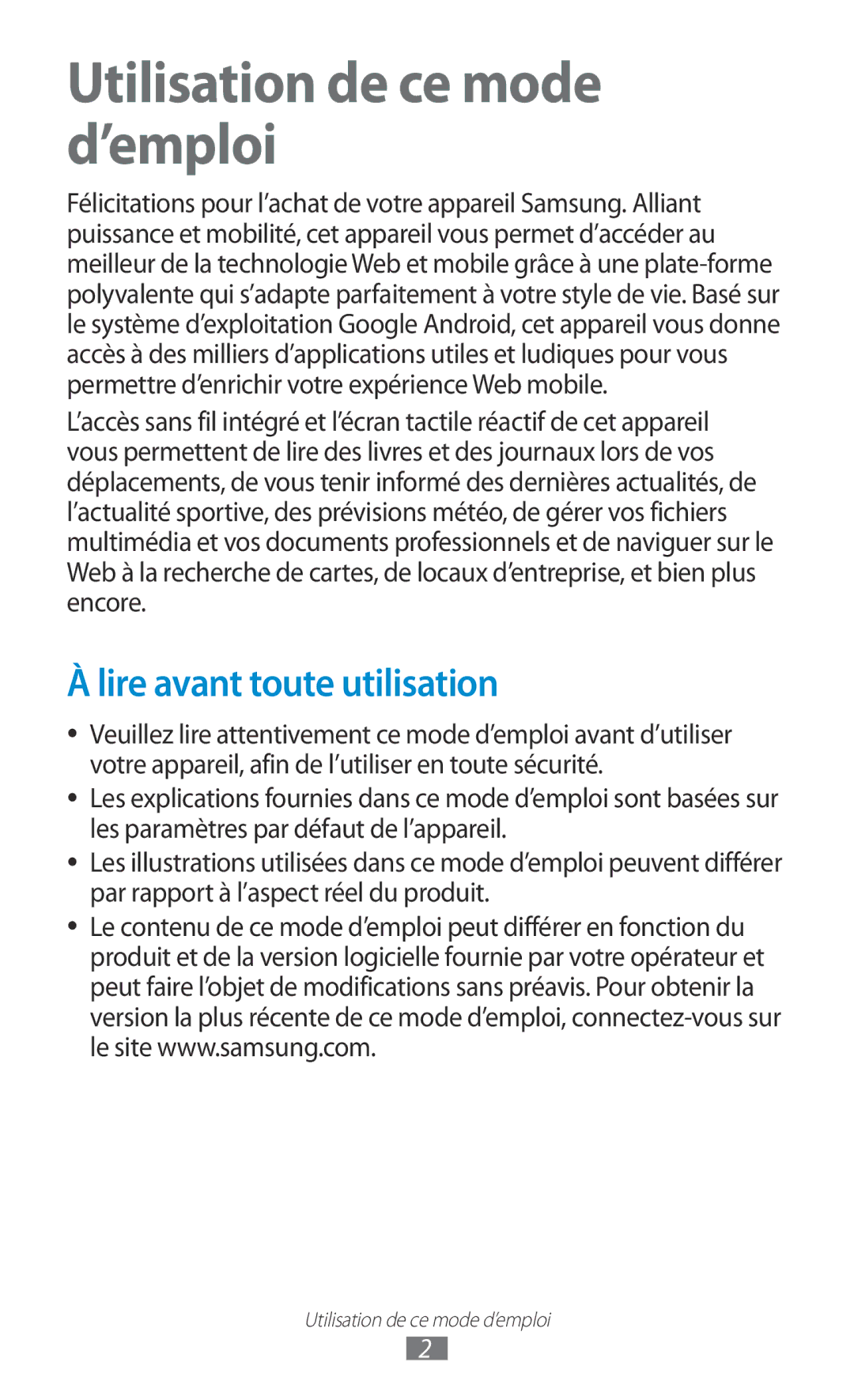 Samsung GT-P7100MSAMTL manual Utilisation de ce mode d’emploi, Lire avant toute utilisation 