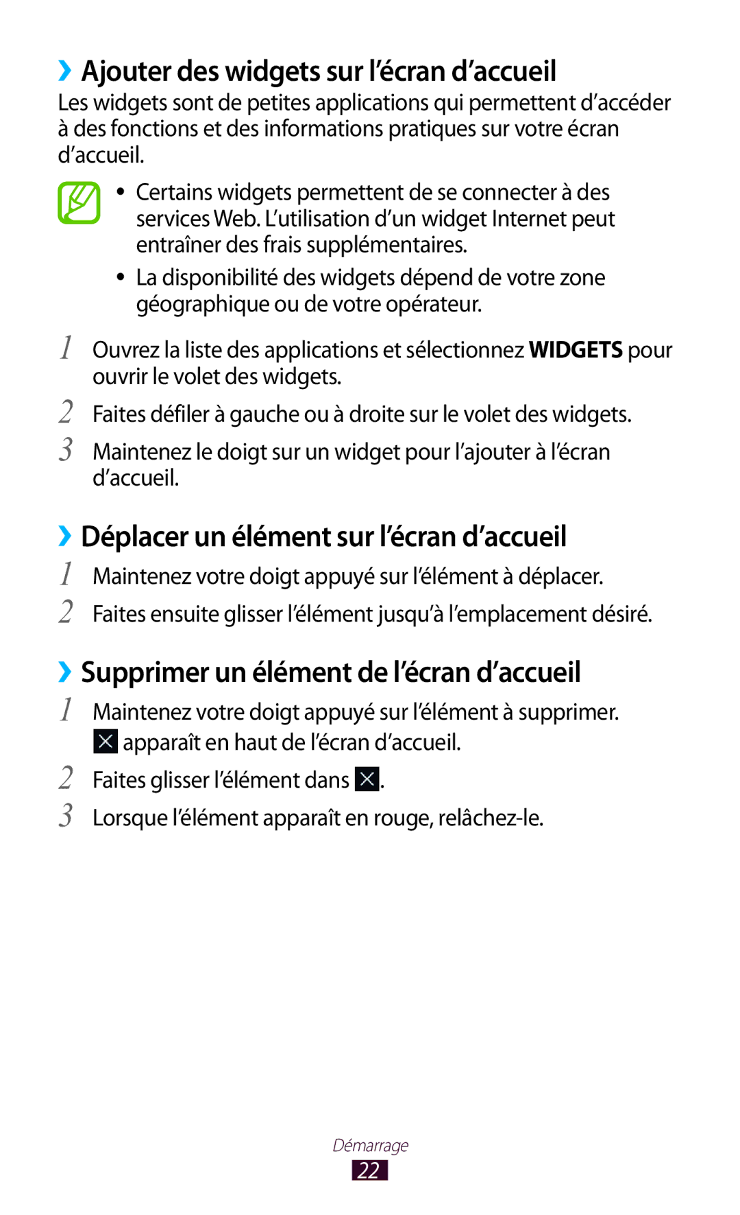 Samsung GT-P7100MSAMTL manual ››Ajouter des widgets sur l’écran d’accueil, ››Déplacer un élément sur l’écran d’accueil 