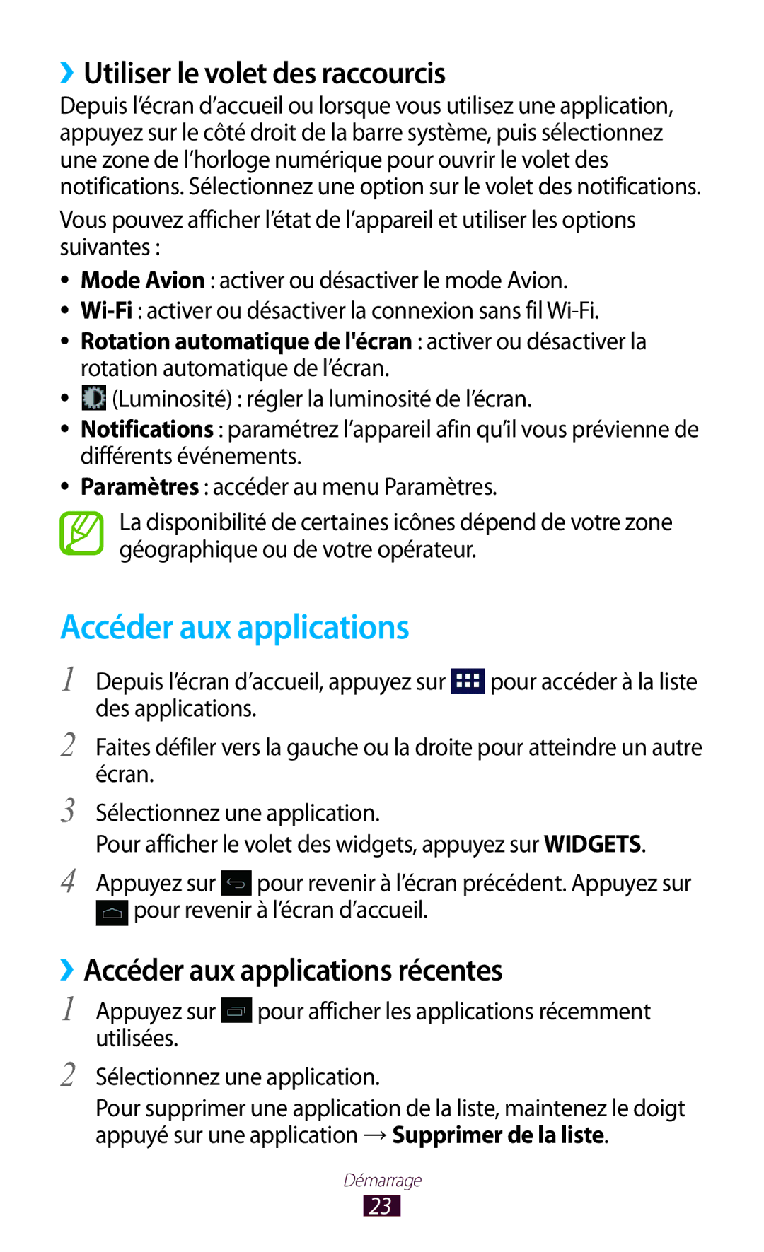 Samsung GT-P7100MSAMTL manual ››Utiliser le volet des raccourcis, ››Accéder aux applications récentes 