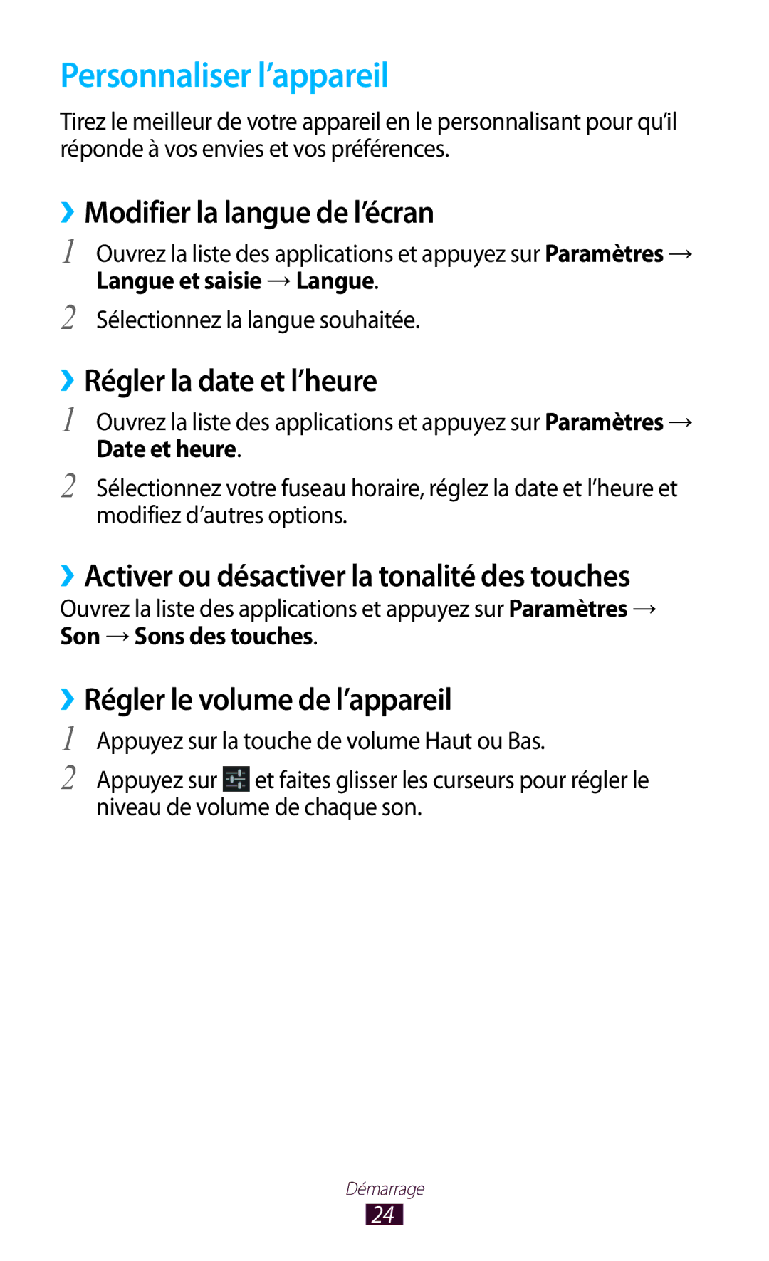 Samsung GT-P7100MSAMTL manual Personnaliser l’appareil, ››Modifier la langue de l’écran, ››Régler la date et l’heure 