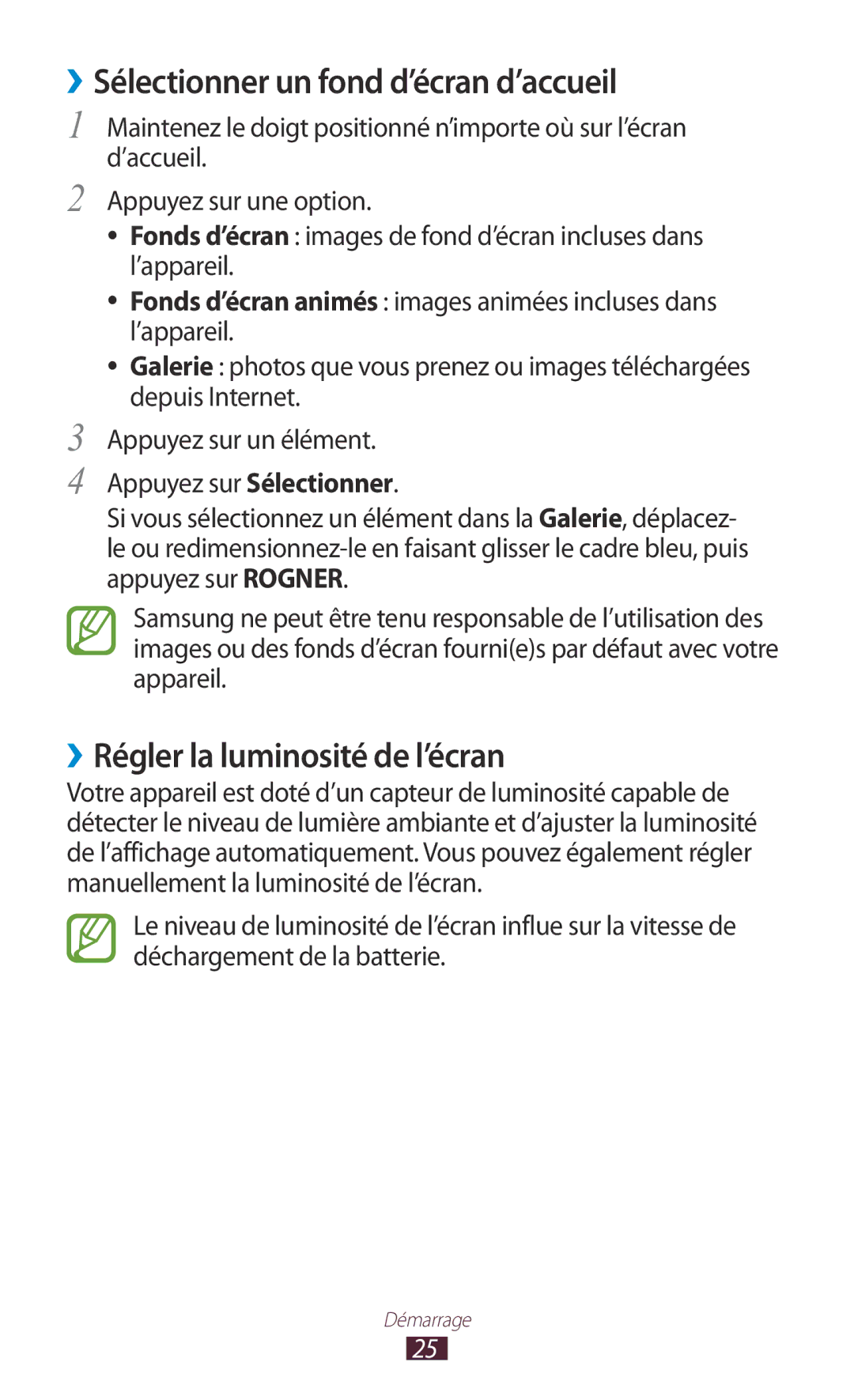 Samsung GT-P7100MSAMTL manual ››Sélectionner un fond d’écran d’accueil, ››Régler la luminosité de l’écran 