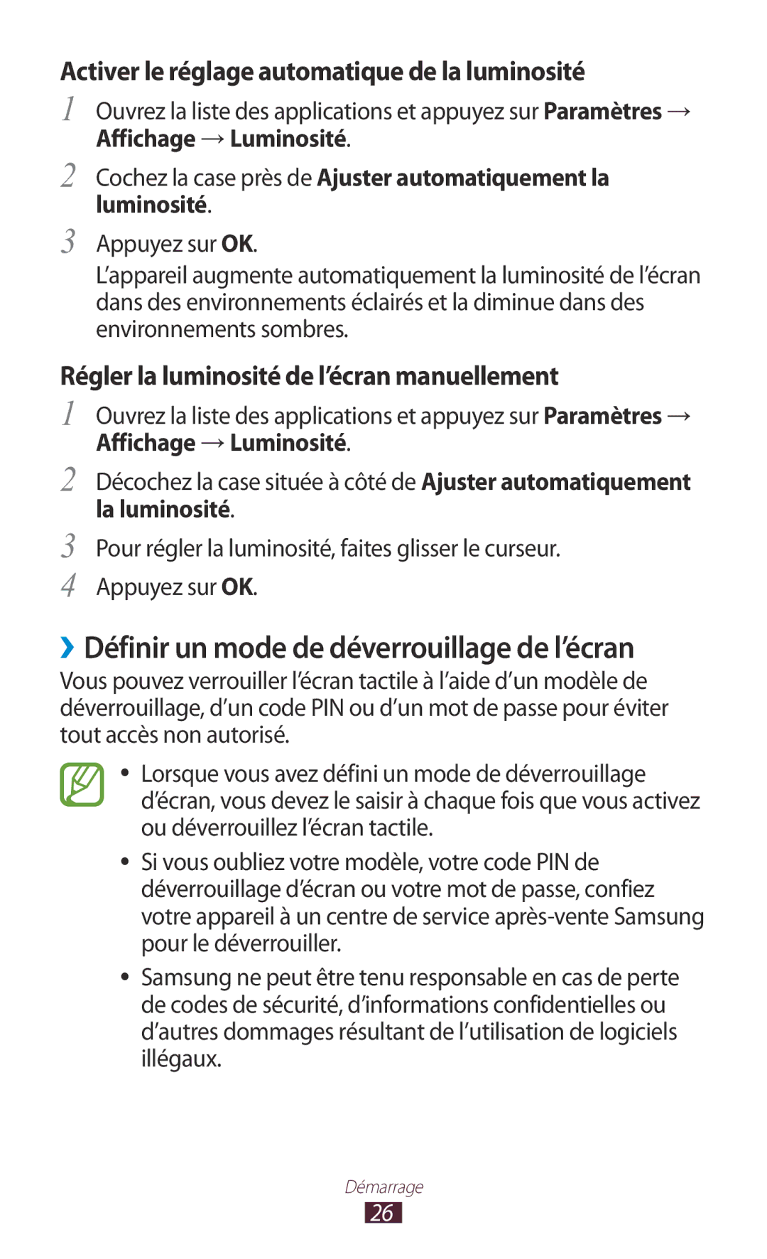 Samsung GT-P7100MSAMTL ››Définir un mode de déverrouillage de l’écran, Activer le réglage automatique de la luminosité 