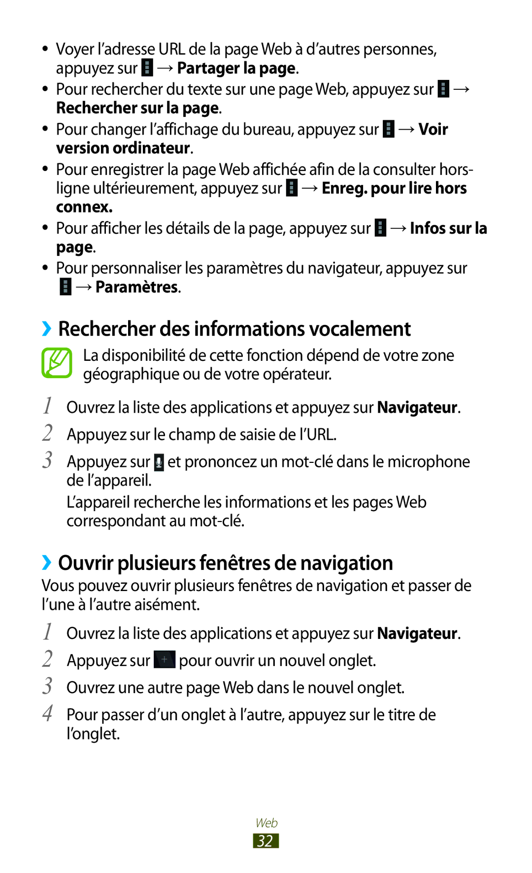 Samsung GT-P7100MSAMTL ››Rechercher des informations vocalement, ››Ouvrir plusieurs fenêtres de navigation, → Paramètres 