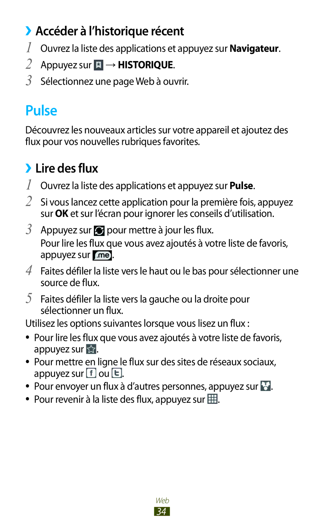 Samsung GT-P7100MSAMTL manual Pulse, ››Accéder à l’historique récent, ››Lire des flux 