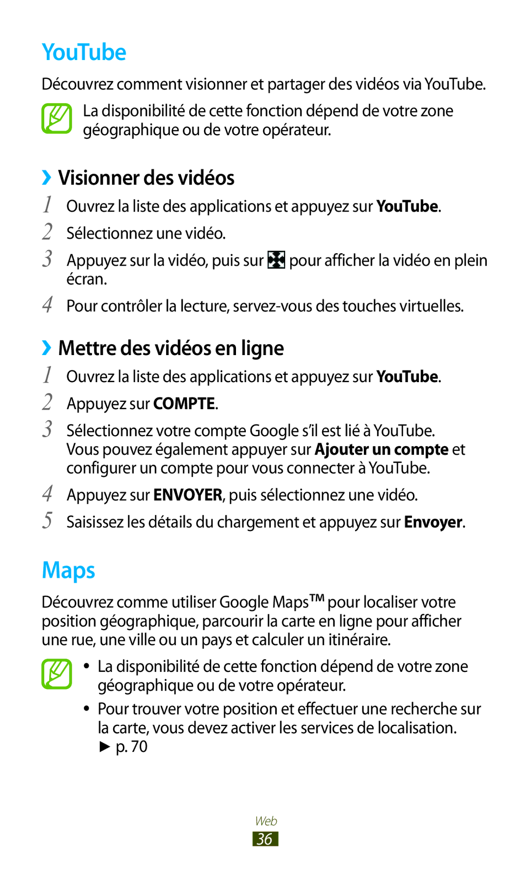 Samsung GT-P7100MSAMTL manual YouTube, Maps, ››Visionner des vidéos, ››Mettre des vidéos en ligne 