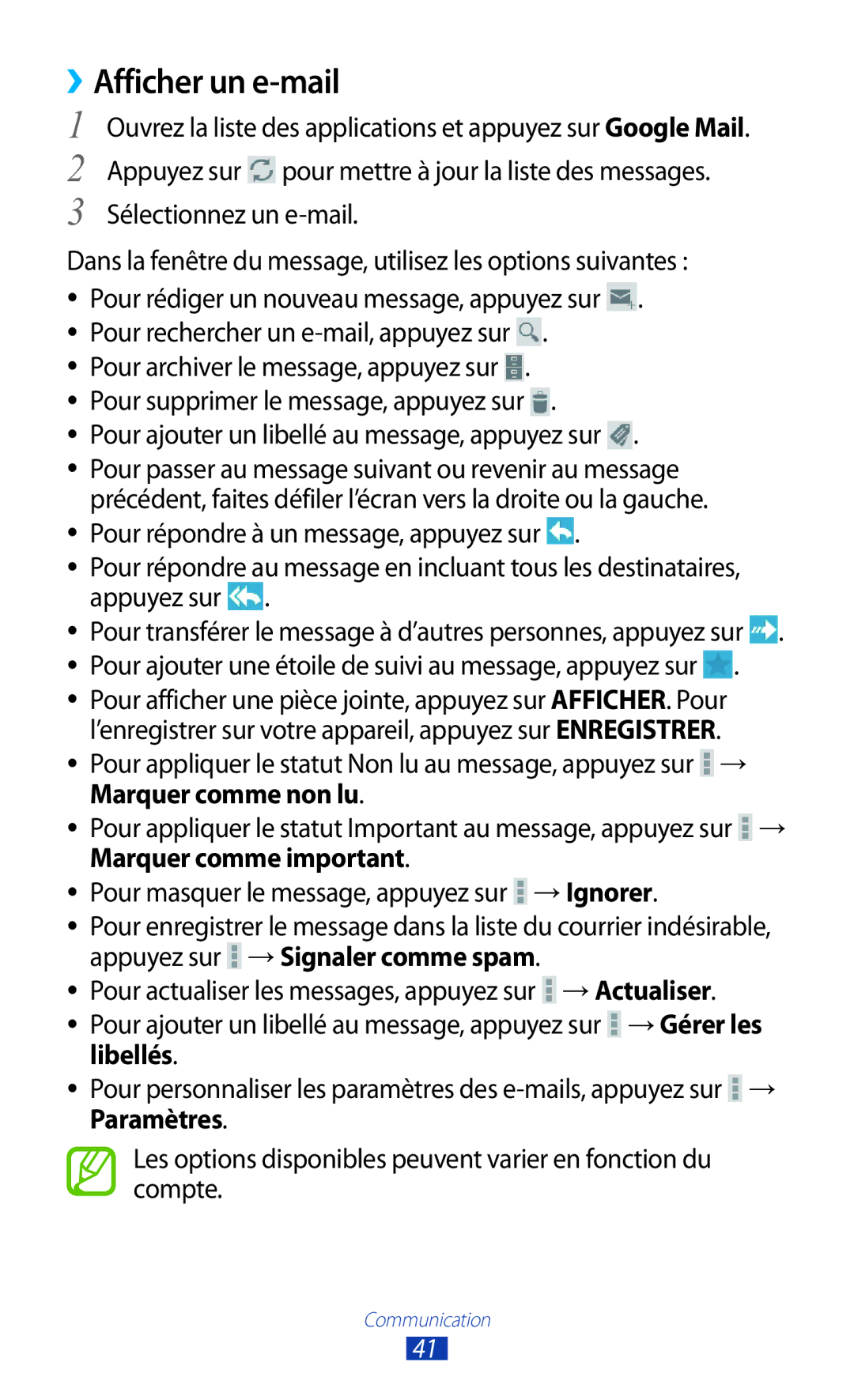 Samsung GT-P7100MSAMTL manual ››Afficher un e-mail, Sélectionnez un e-mail, Pour ajouter un libellé au message, appuyez sur 