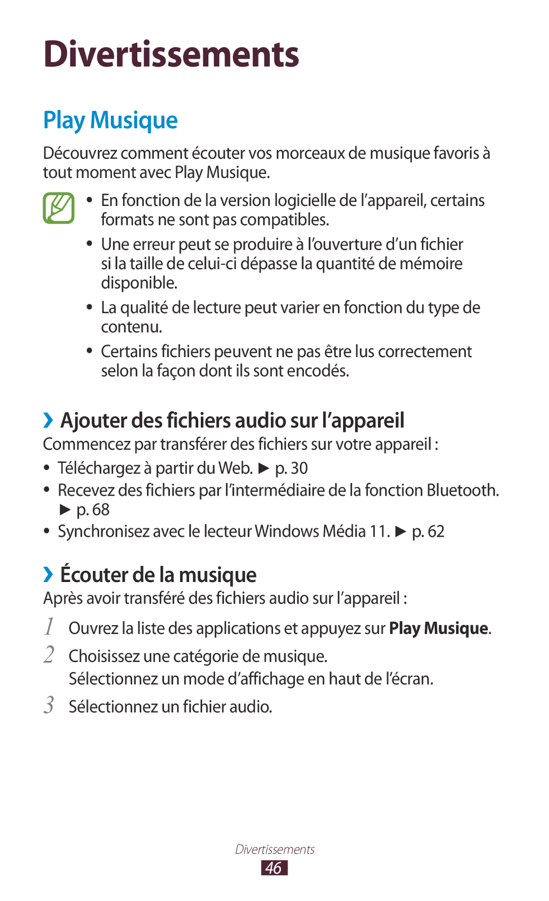 Samsung GT-P7100MSAMTL manual Play Musique, ››Ajouter des fichiers audio sur l’appareil, ››Écouter de la musique 