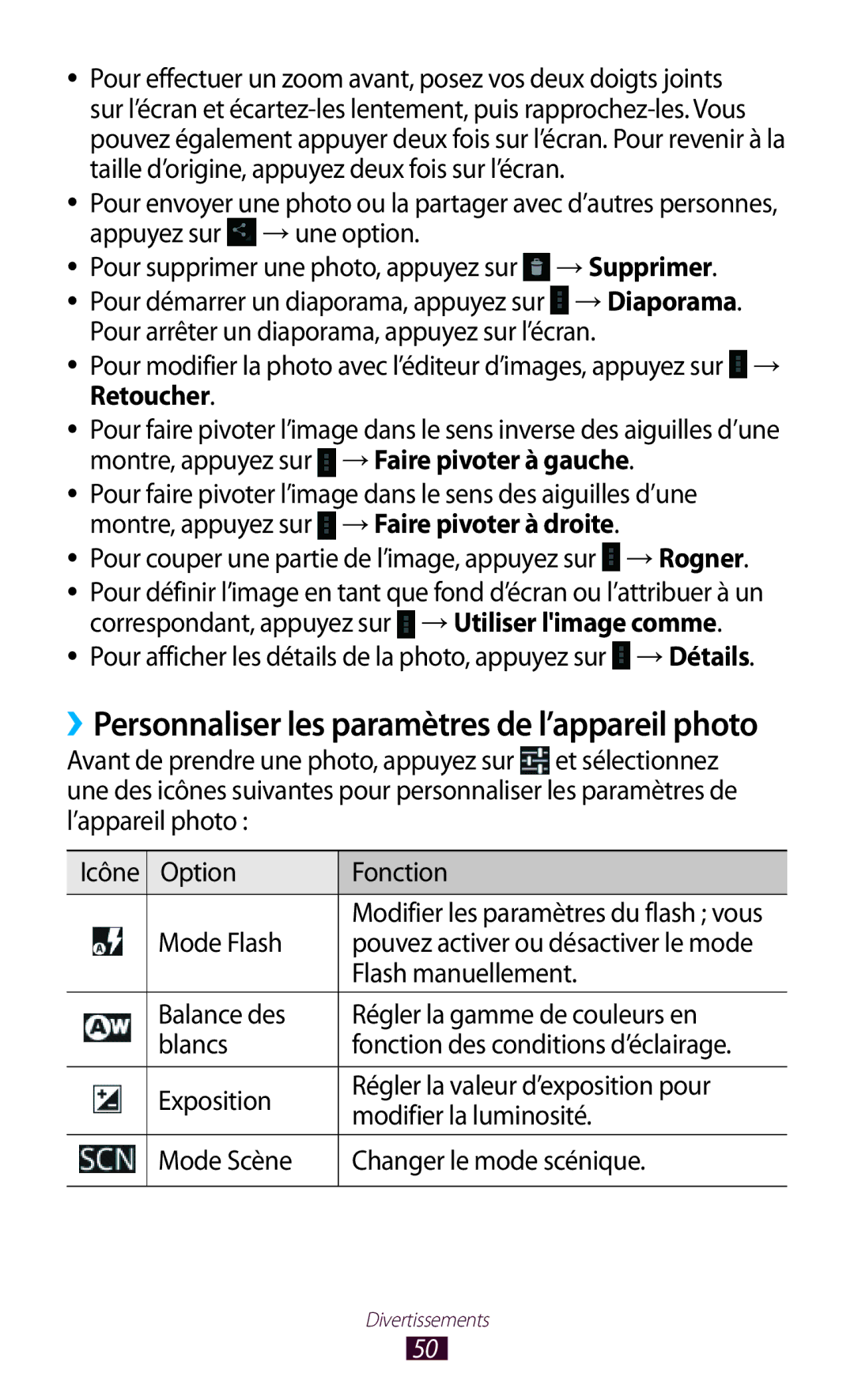 Samsung GT-P7100MSAMTL manual → Supprimer, Pour couper une partie de l’image, appuyez sur → Rogner, Mode Flash 