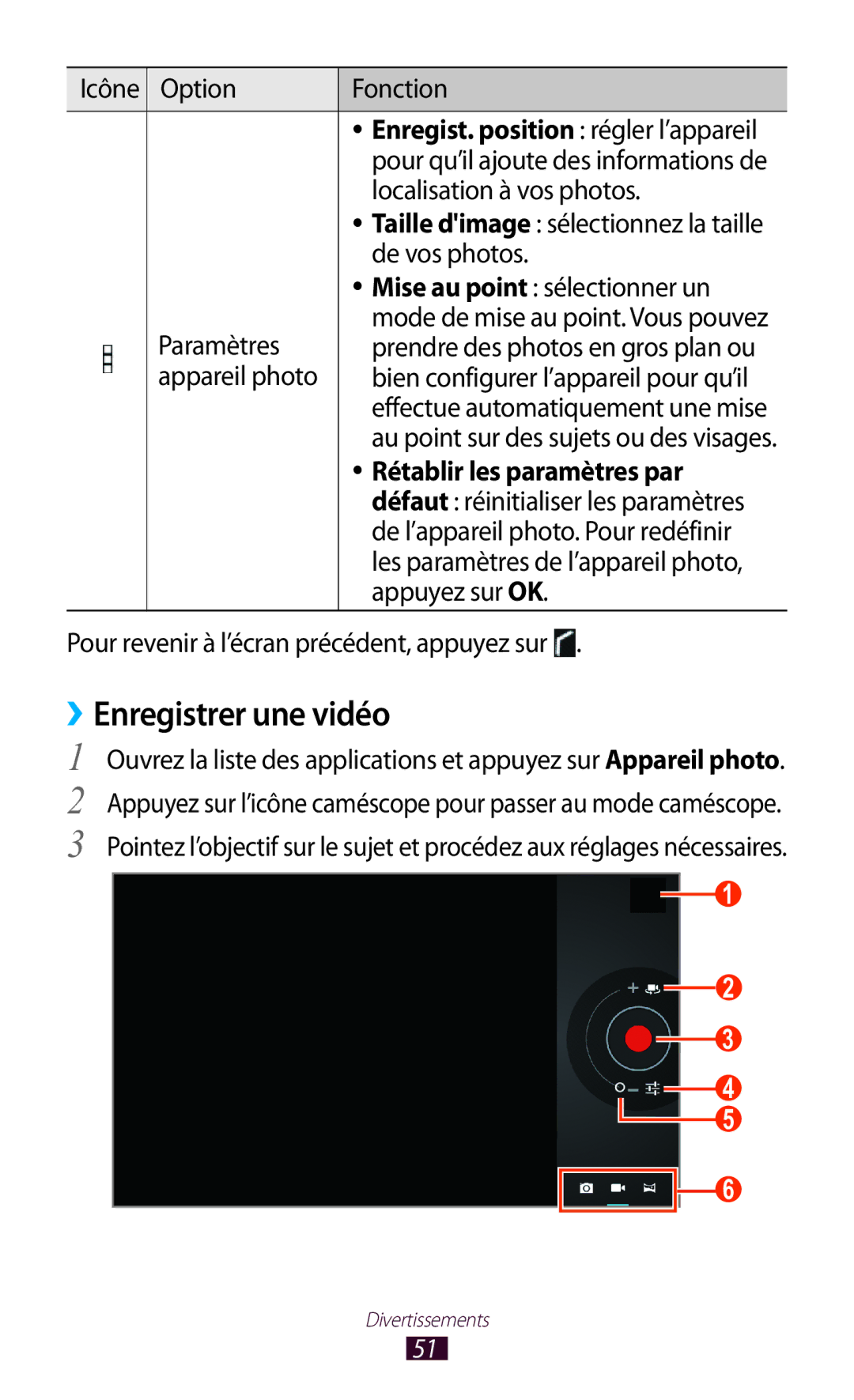 Samsung GT-P7100MSAMTL manual ››Enregistrer une vidéo, Rétablir les paramètres par 