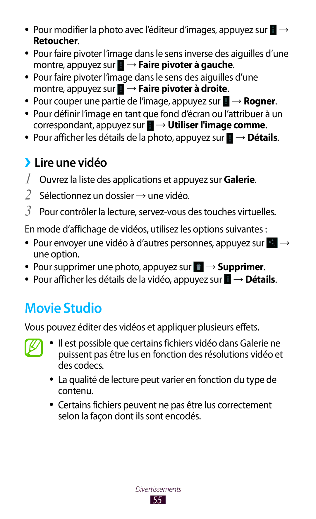 Samsung GT-P7100MSAMTL manual Movie Studio, ››Lire une vidéo 