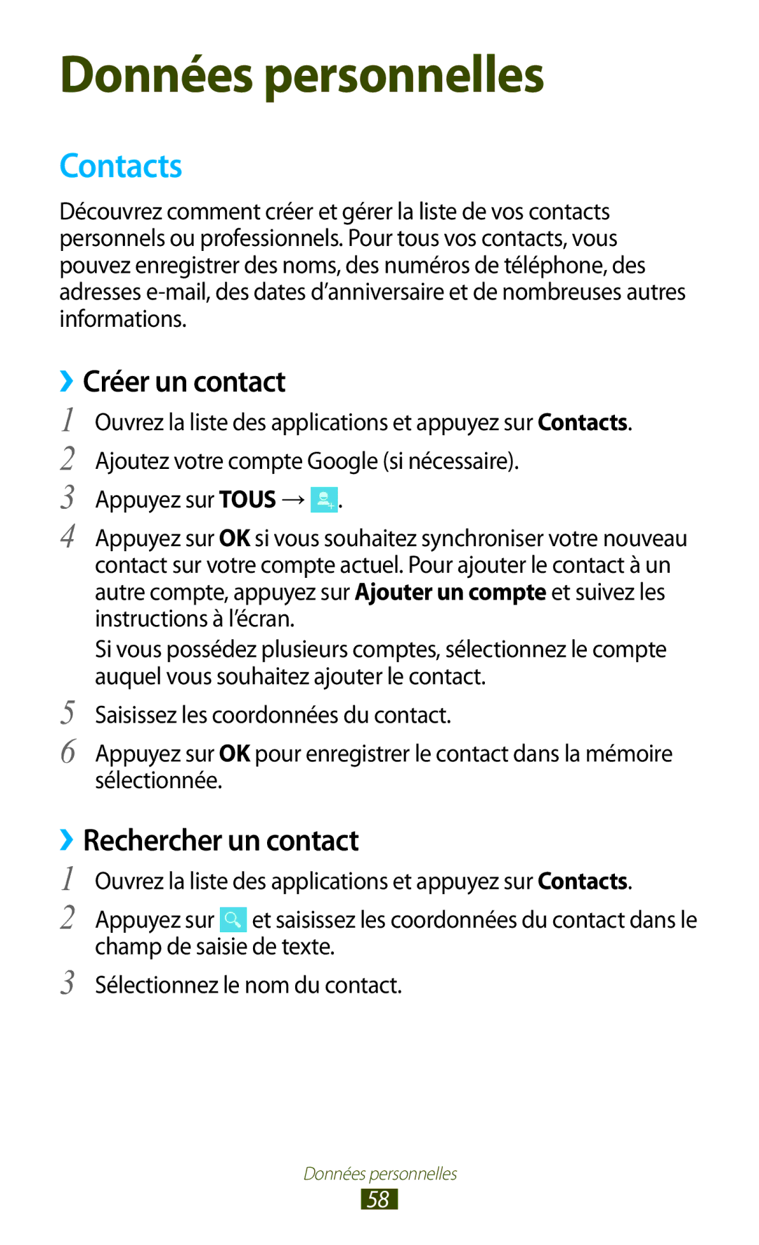 Samsung GT-P7100MSAMTL manual Contacts, ››Créer un contact, ››Rechercher un contact 