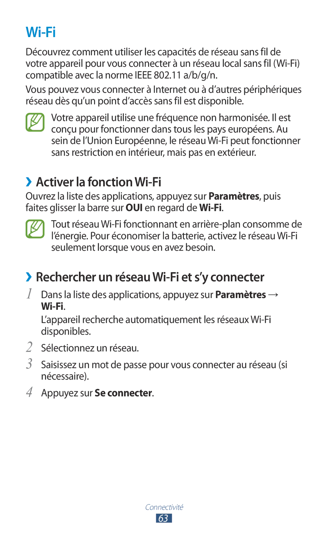 Samsung GT-P7100MSAMTL manual ››Activer la fonction Wi-Fi, ››Rechercher un réseau Wi-Fi et s’y connecter 