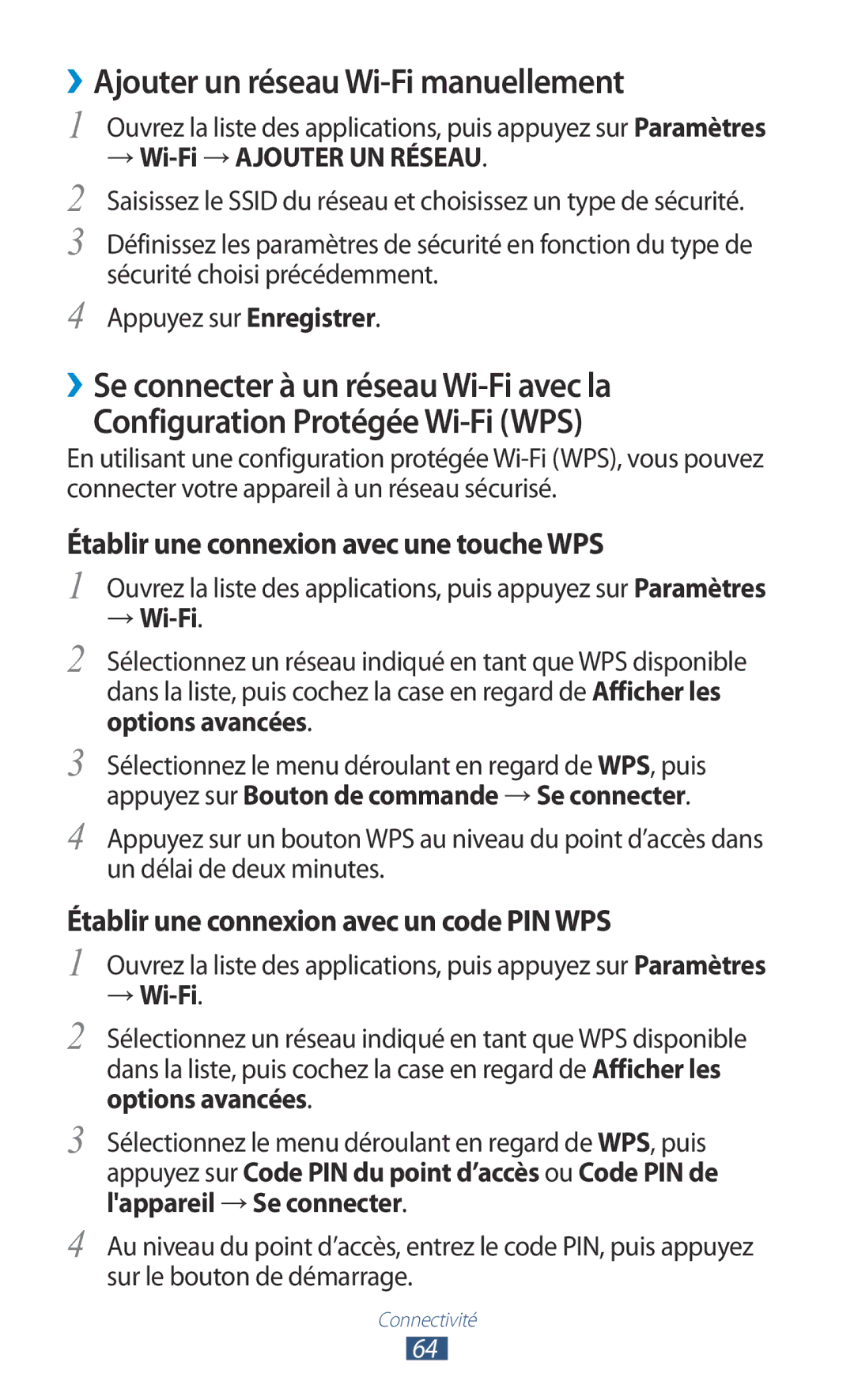 Samsung GT-P7100MSAMTL manual ››Ajouter un réseau Wi-Fi manuellement, → Wi-Fi → Ajouter UN Réseau 