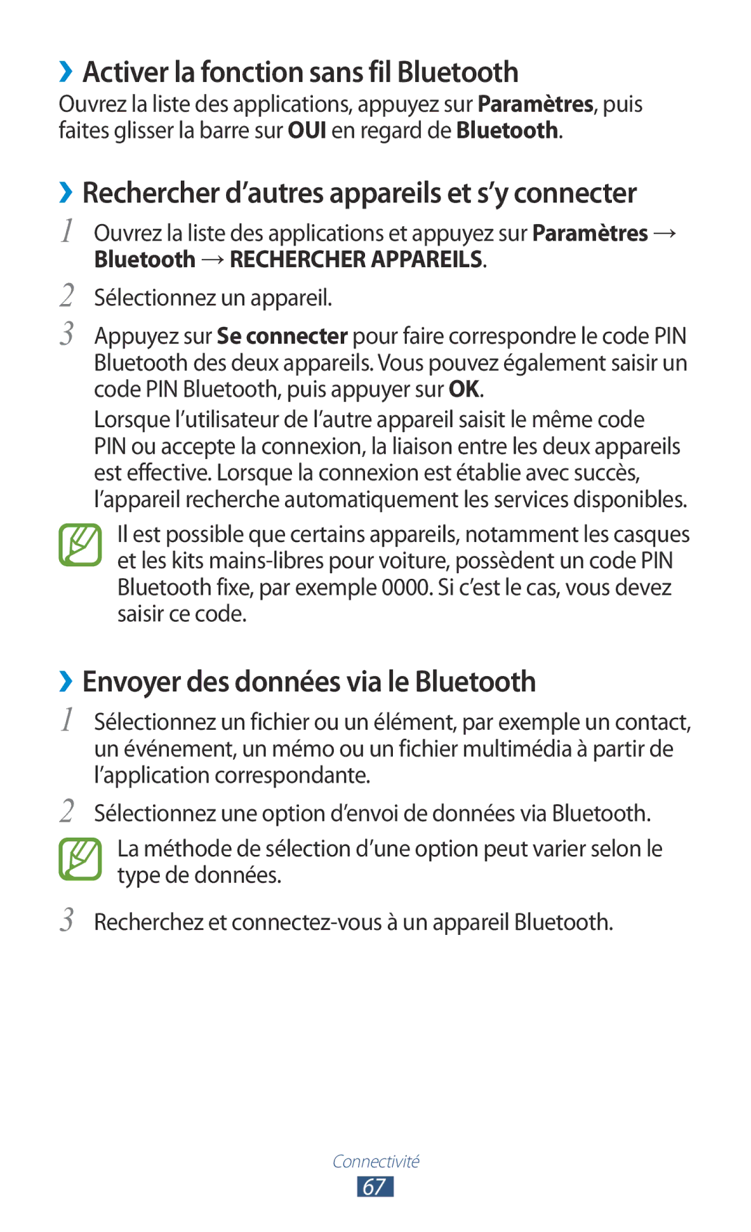 Samsung GT-P7100MSAMTL manual ››Activer la fonction sans fil Bluetooth, ››Envoyer des données via le Bluetooth 