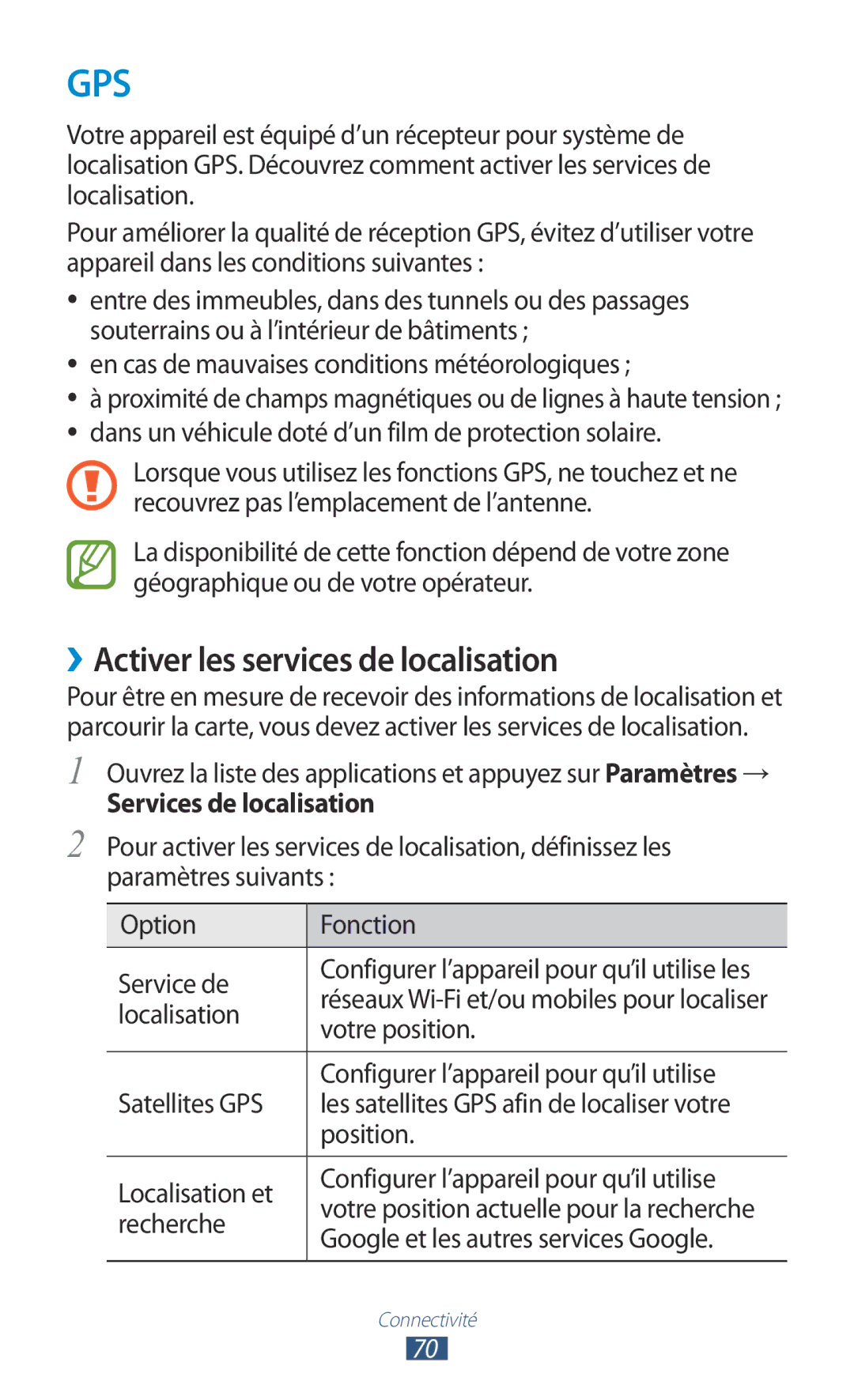 Samsung GT-P7100MSAMTL manual ››Activer les services de localisation, Services de localisation 