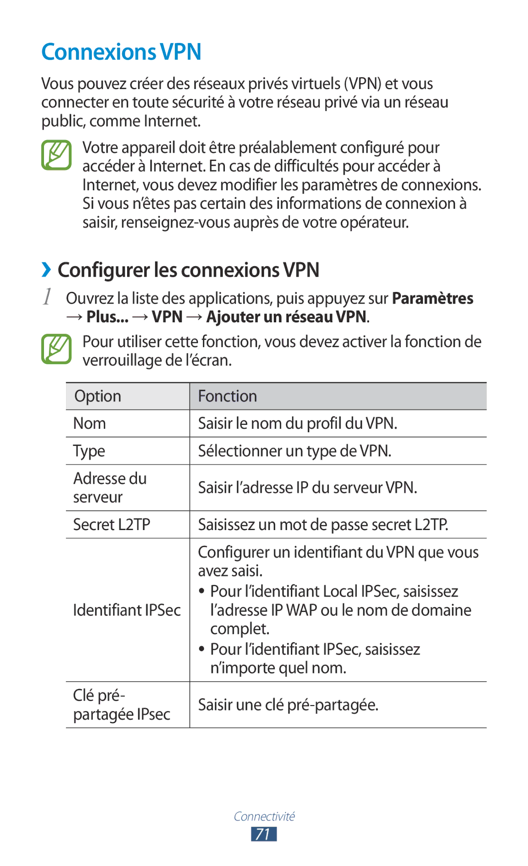 Samsung GT-P7100MSAMTL manual Connexions VPN, ››Configurer les connexions VPN 