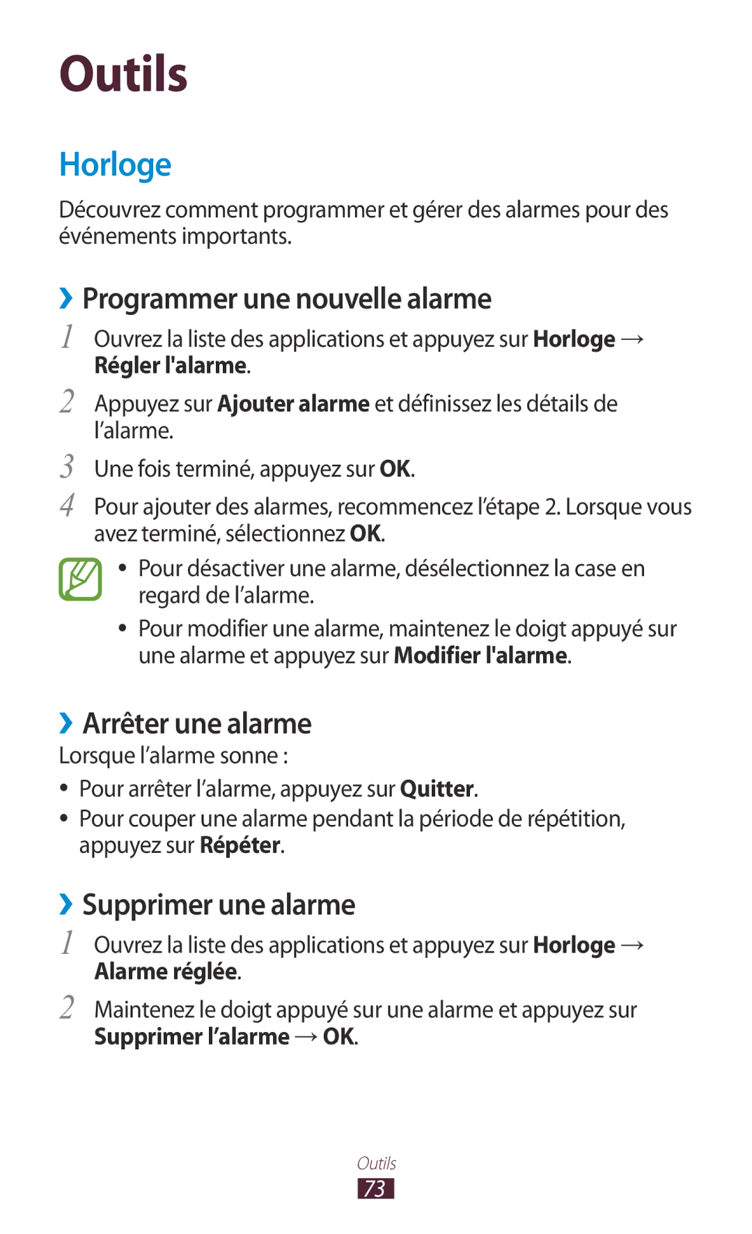 Samsung GT-P7100MSAMTL manual Horloge, ››Programmer une nouvelle alarme, ››Arrêter une alarme, ››Supprimer une alarme 