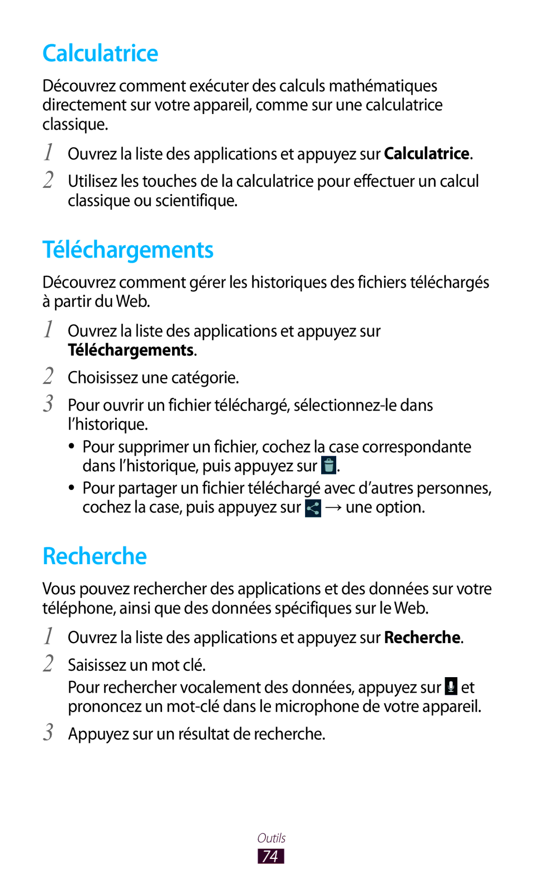 Samsung GT-P7100MSAMTL manual Calculatrice, Téléchargements, Recherche, Appuyez sur un résultat de recherche 