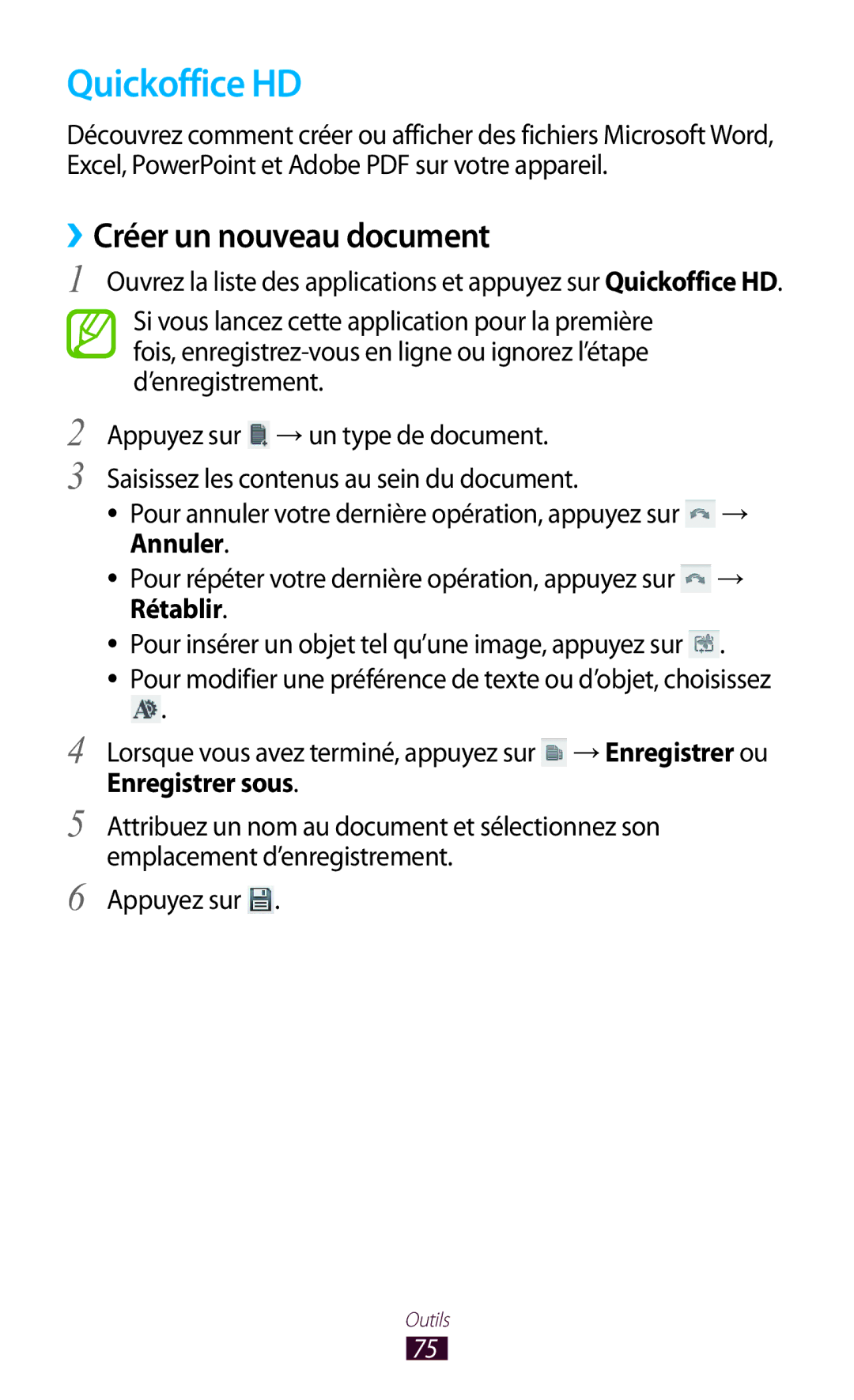 Samsung GT-P7100MSAMTL manual Quickoffice HD, ››Créer un nouveau document, Annuler, Rétablir 