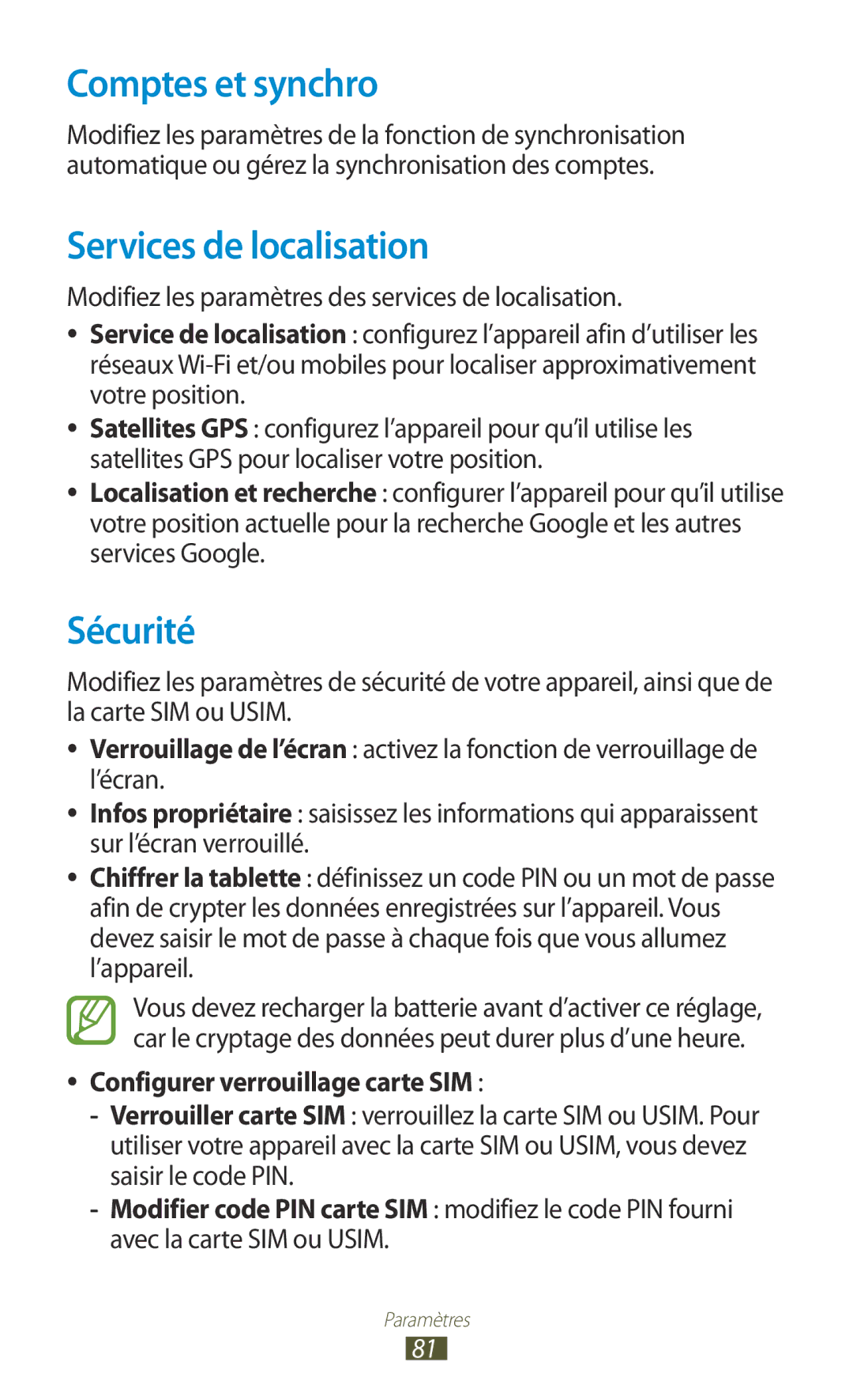 Samsung GT-P7100MSAMTL manual Comptes et synchro, Services de localisation, Sécurité, Configurer verrouillage carte SIM 