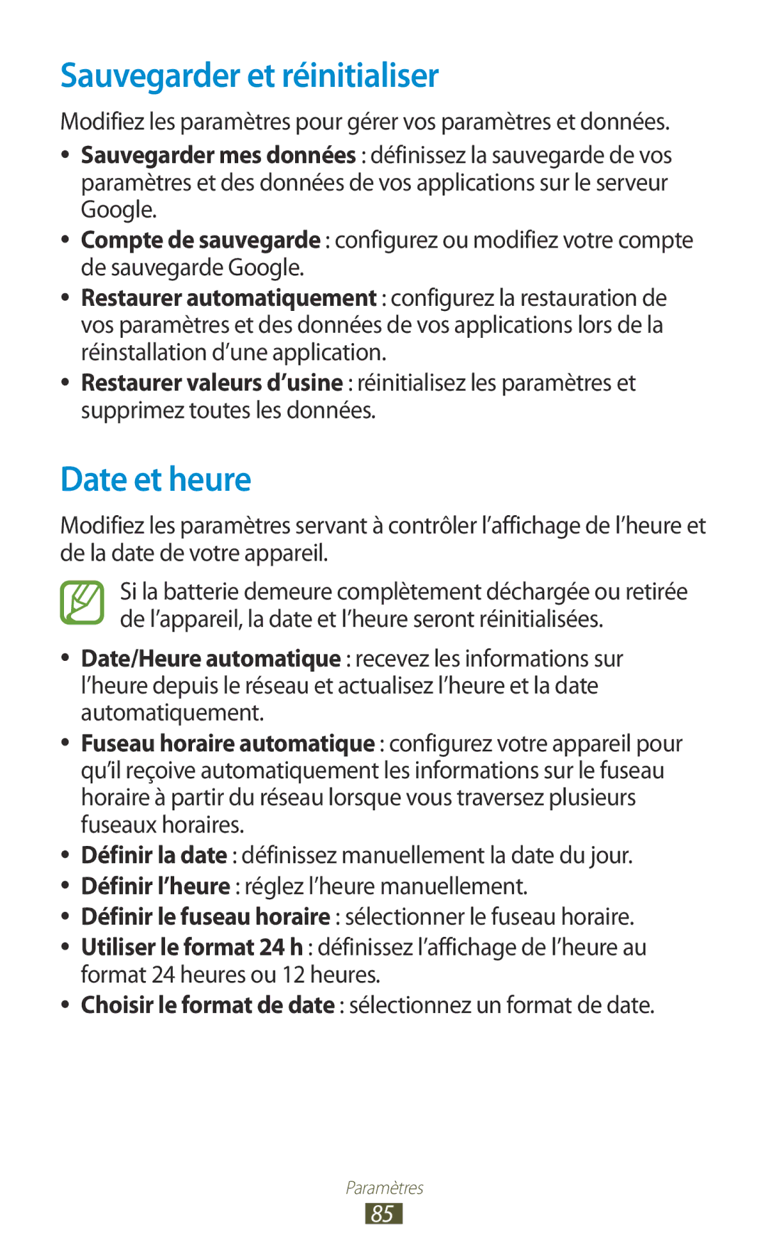 Samsung GT-P7100MSAMTL manual Sauvegarder et réinitialiser, Date et heure 