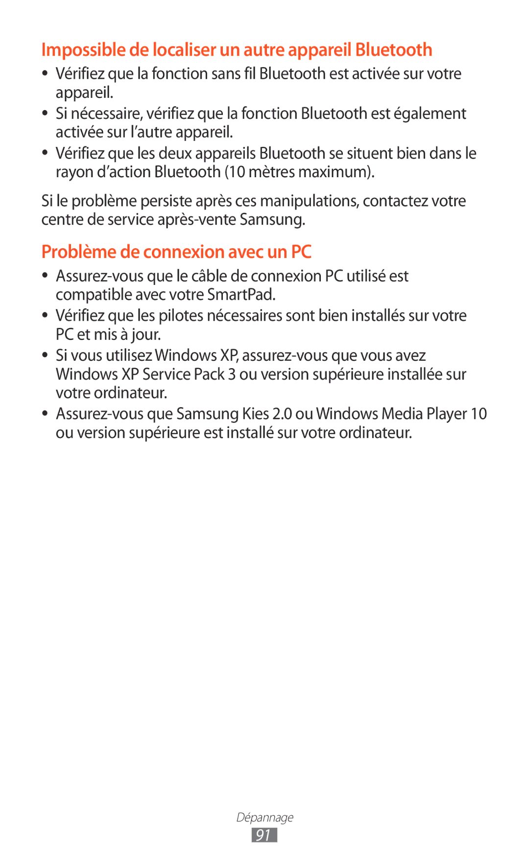 Samsung GT-P7100MSAMTL manual Impossible de localiser un autre appareil Bluetooth 