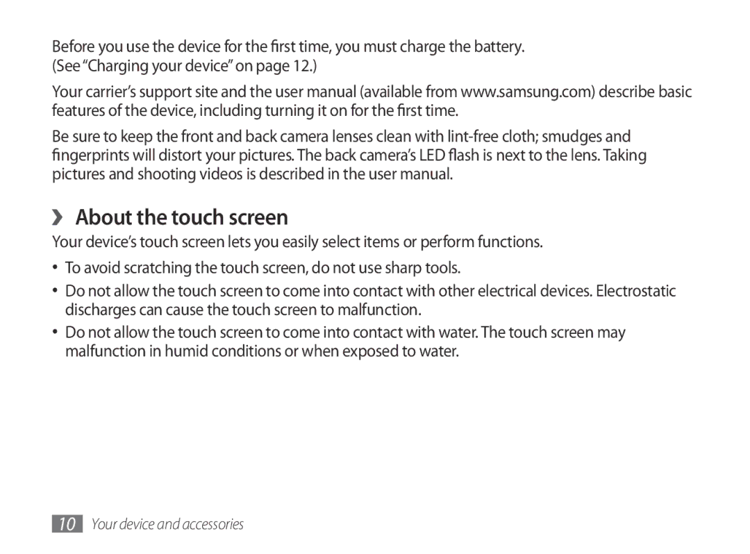 Samsung GT-P7100MSAXEF, GT-P7100MSAVD2, GT-P7100MSASFR manual ›› About the touch screen 