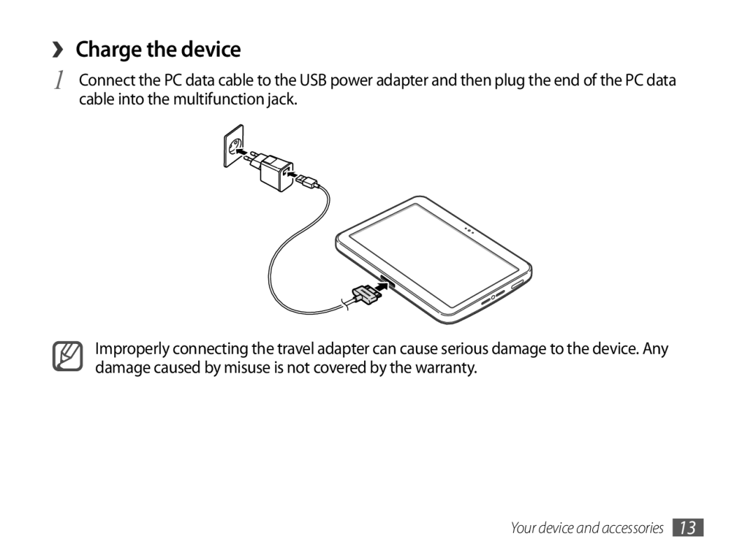 Samsung GT-P7100MSAXEF, GT-P7100MSAVD2, GT-P7100MSASFR manual ›› Charge the device 