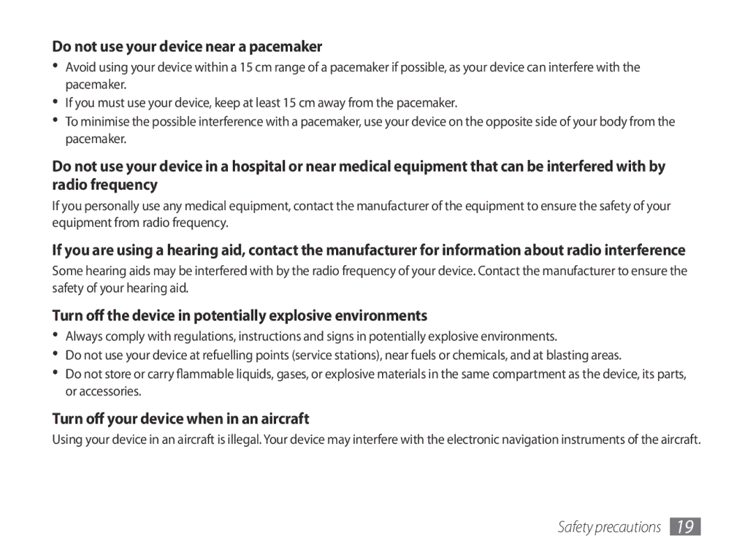 Samsung GT-P7100MSAXEF Do not use your device near a pacemaker, Turn off the device in potentially explosive environments 