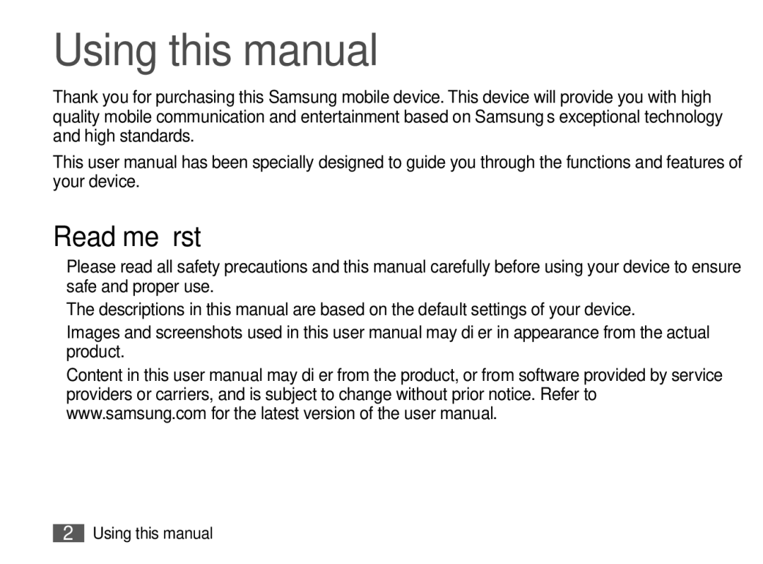 Samsung GT-P7100MSASFR, GT-P7100MSAVD2, GT-P7100MSAXEF Using this manual, Read me first 