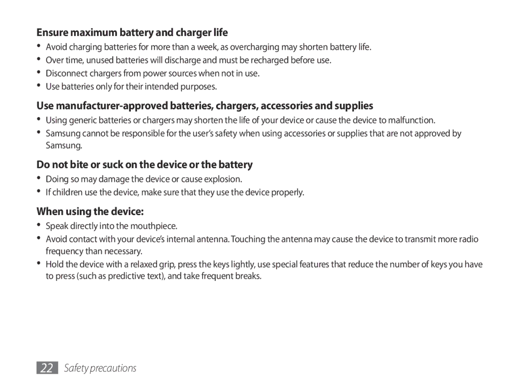 Samsung GT-P7100MSAXEF manual Ensure maximum battery and charger life, Do not bite or suck on the device or the battery 
