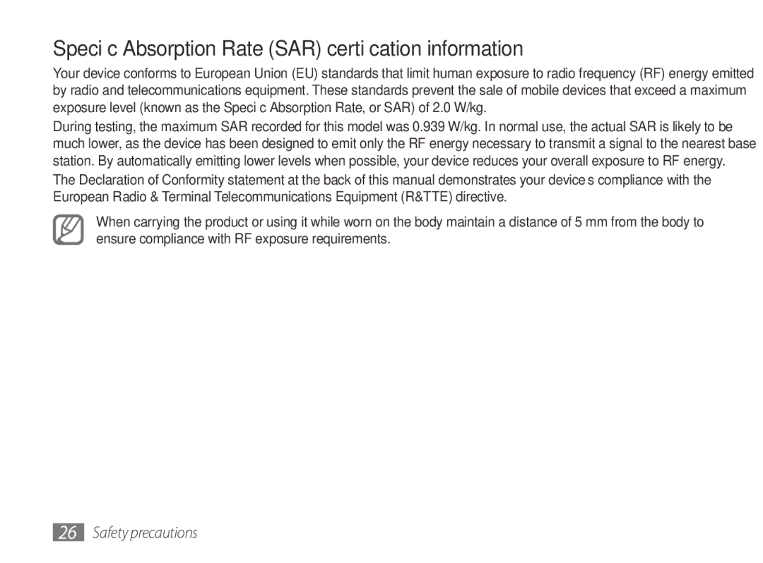 Samsung GT-P7100MSASFR, GT-P7100MSAVD2, GT-P7100MSAXEF manual Specific Absorption Rate SAR certification information 