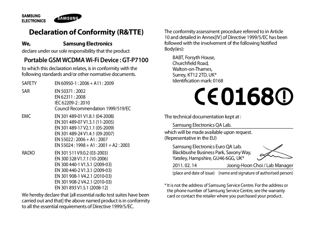 Samsung GT-P7100MSAXEF, GT-P7100MSAVD2, GT-P7100MSASFR manual Declaration of Conformity R&TTE 