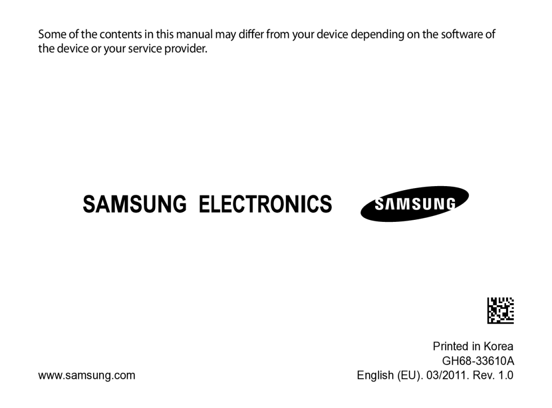 Samsung GT-P7100MSASFR, GT-P7100MSAVD2, GT-P7100MSAXEF manual GH68-33610A 